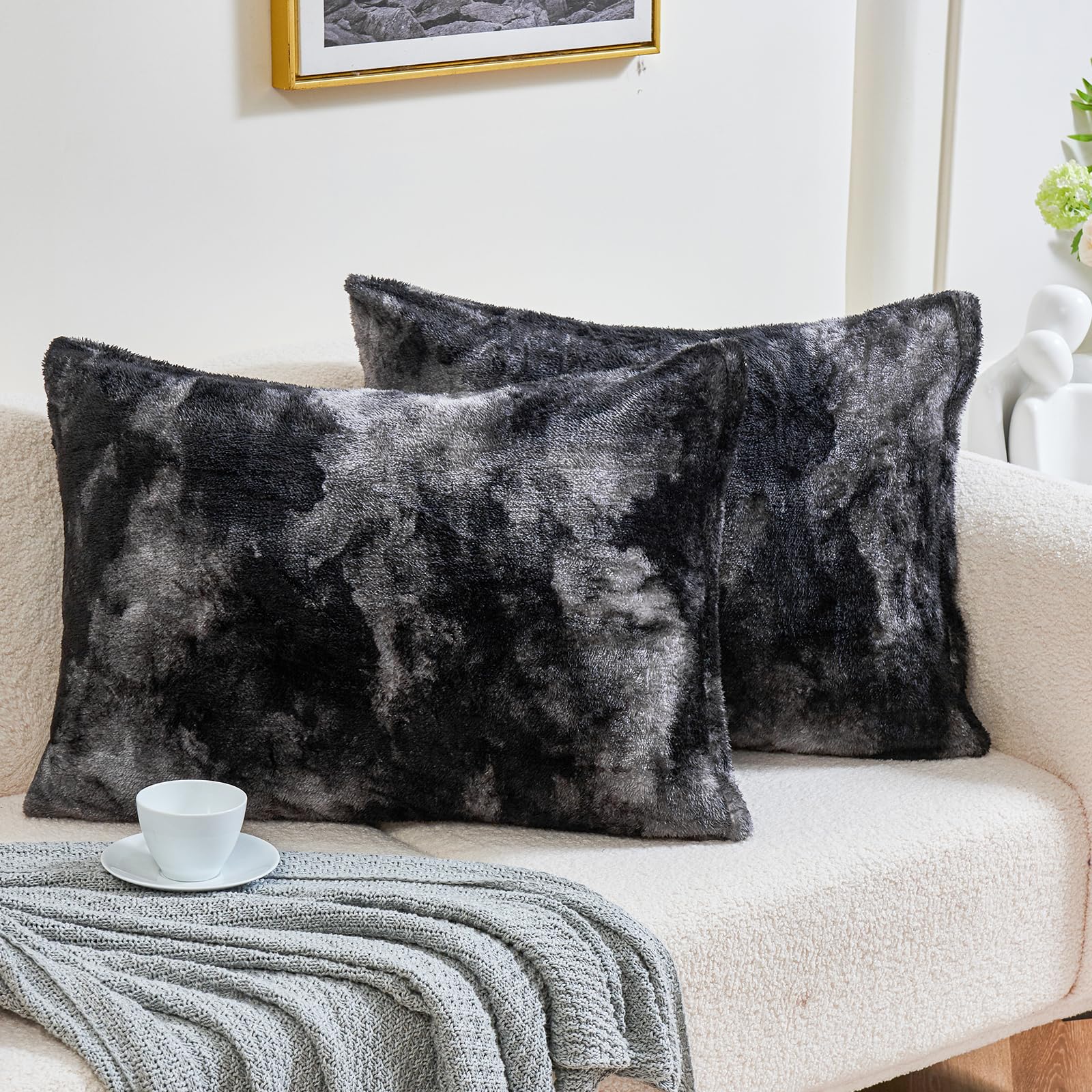 Faux Fur Pillow Cases Set of 2, Luxury Ultra Soft Fuzzy Pillowcases, Fluffy Plush Velvet Pillow Covers with Zipper, Cozy Warmth and No Shedding