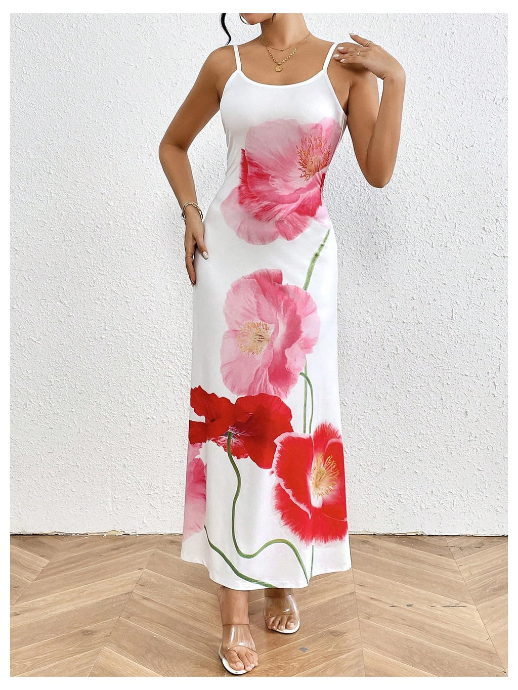 Women's Floral Print Backless Maxi Dress Scoop Neck Sleeveless Spaghetti Strap Dresses