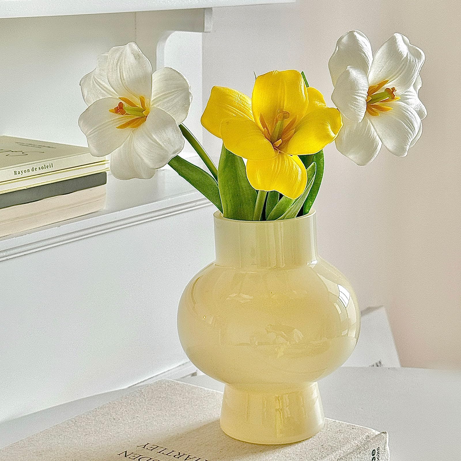 Modern Glass Vase for Flowers, Cute Yellow Colored Decorative Vase for Centerpiece Table Shelf Funky Home Office Decor