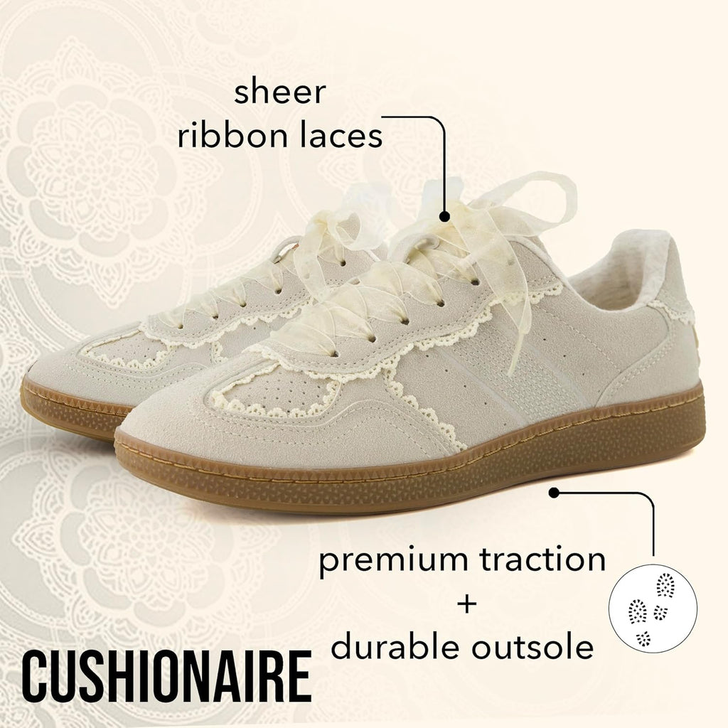 Women's Lace Detail Casual Sneakers â€?Elegant Ribbon Lace-Up Shoes with Memory Foam