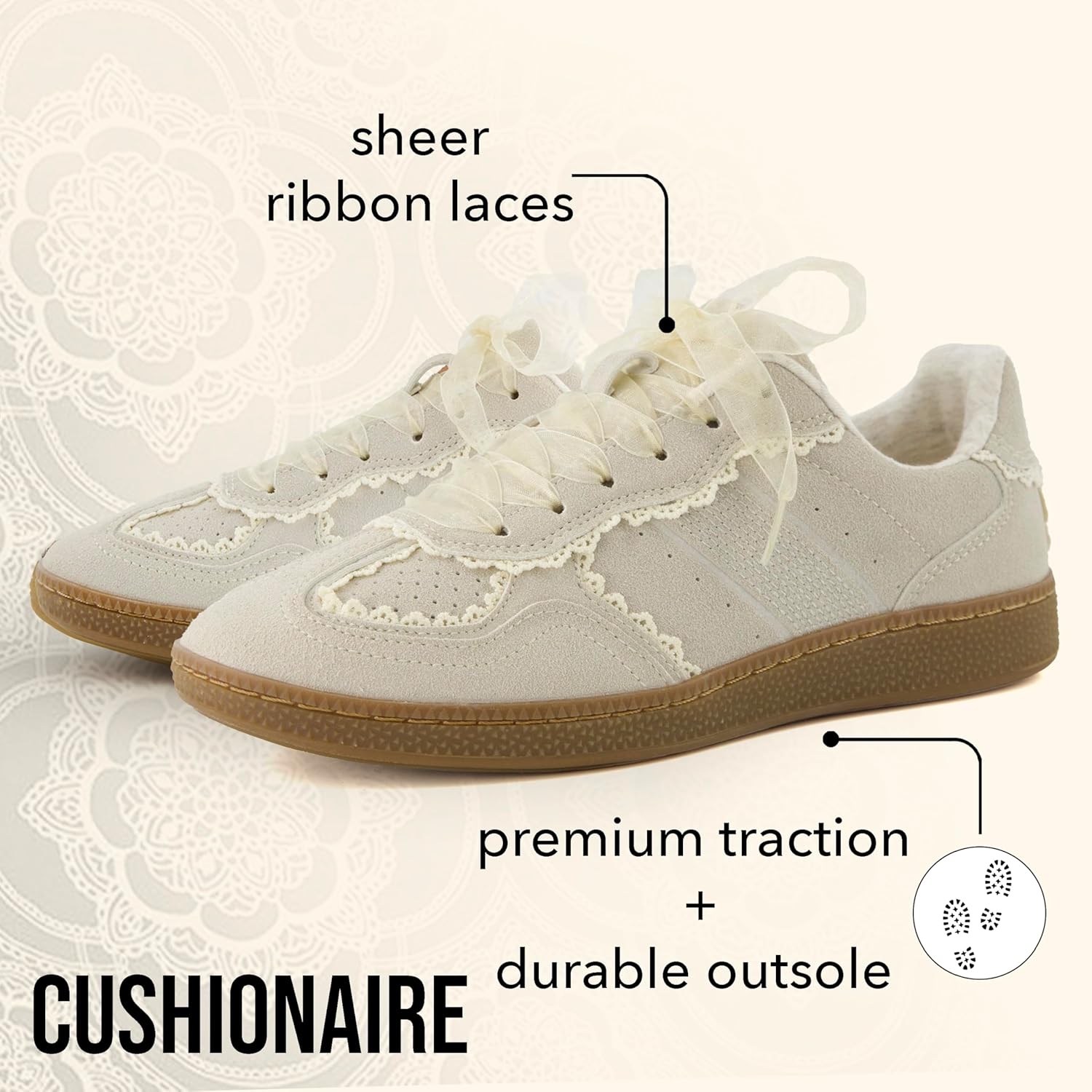 Women's Lace Detail Casual Sneakers â€?Elegant Ribbon Lace-Up Shoes with Memory Foam