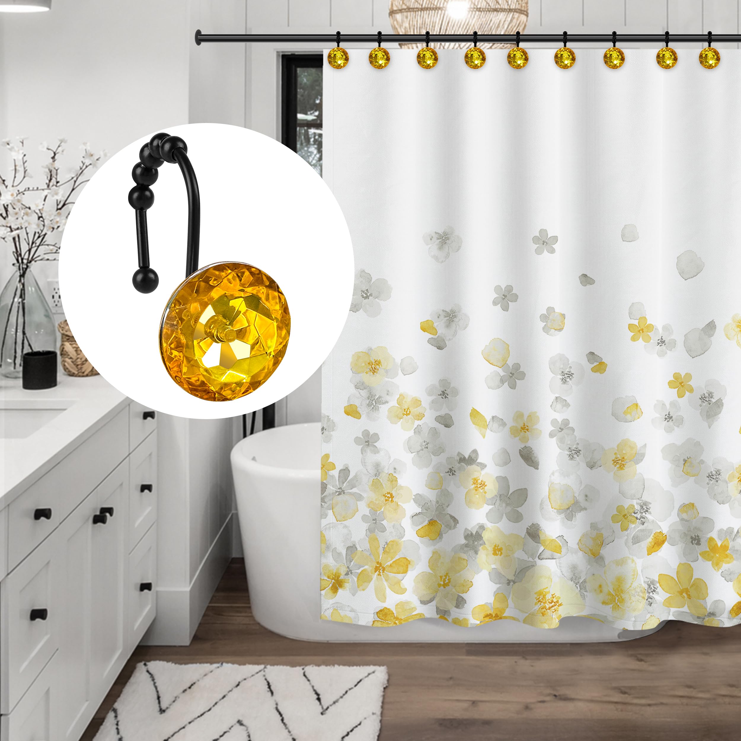 Luxury Design Round Diamond Crystal Gem Bling with Glide Balls Shower Curtain Hooks, Rust Proof Metal Rhinestones Glam Shower Curtain Rings-12 Pack