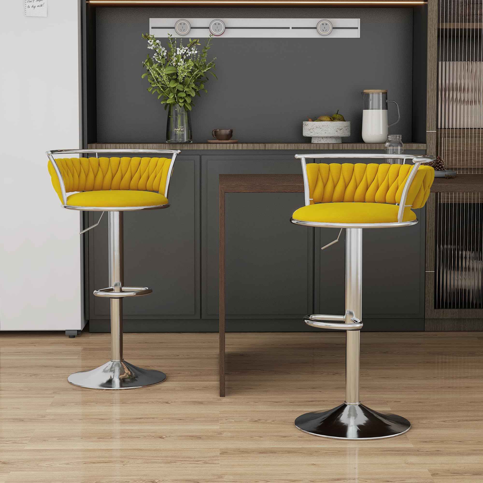 Velvet Swivel Bar Stools, Adjustable Counter Height Bar Chairs with Low Back & Footrest, Modern Gold Bar Stools for Kitchen Island, Bar Pub