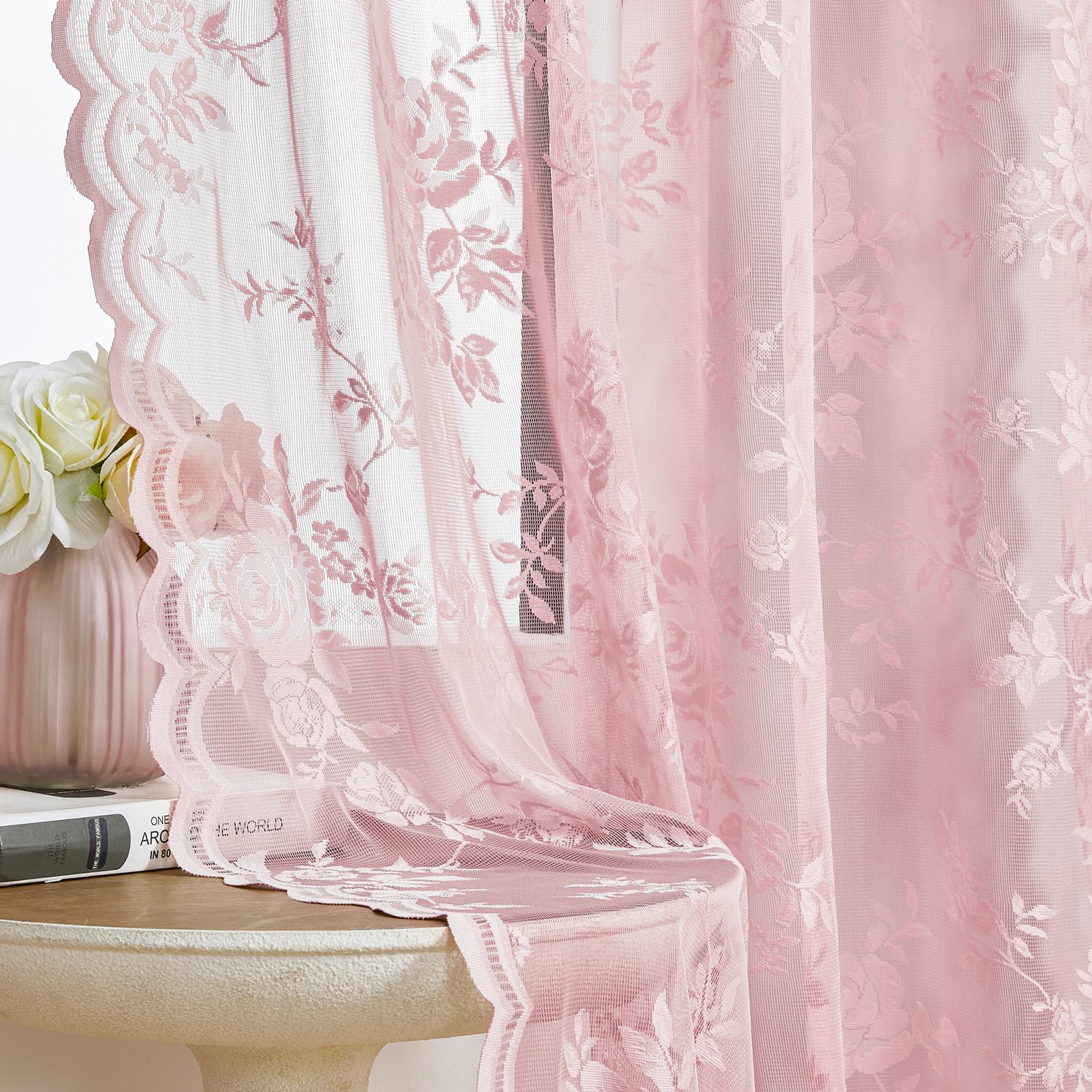 Lace Curtains 2 Panels Set Victorian Floral Sheer Curtains for Living Room Bedroom Girls Room Rod Pocket Light Filtering Romantic French Drapes Window Decor