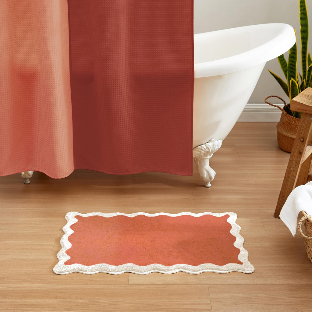 Wavy Bath Mat with Scalloped Ripple Design, Microfiber Absorbent Non Slip Tufted Rug