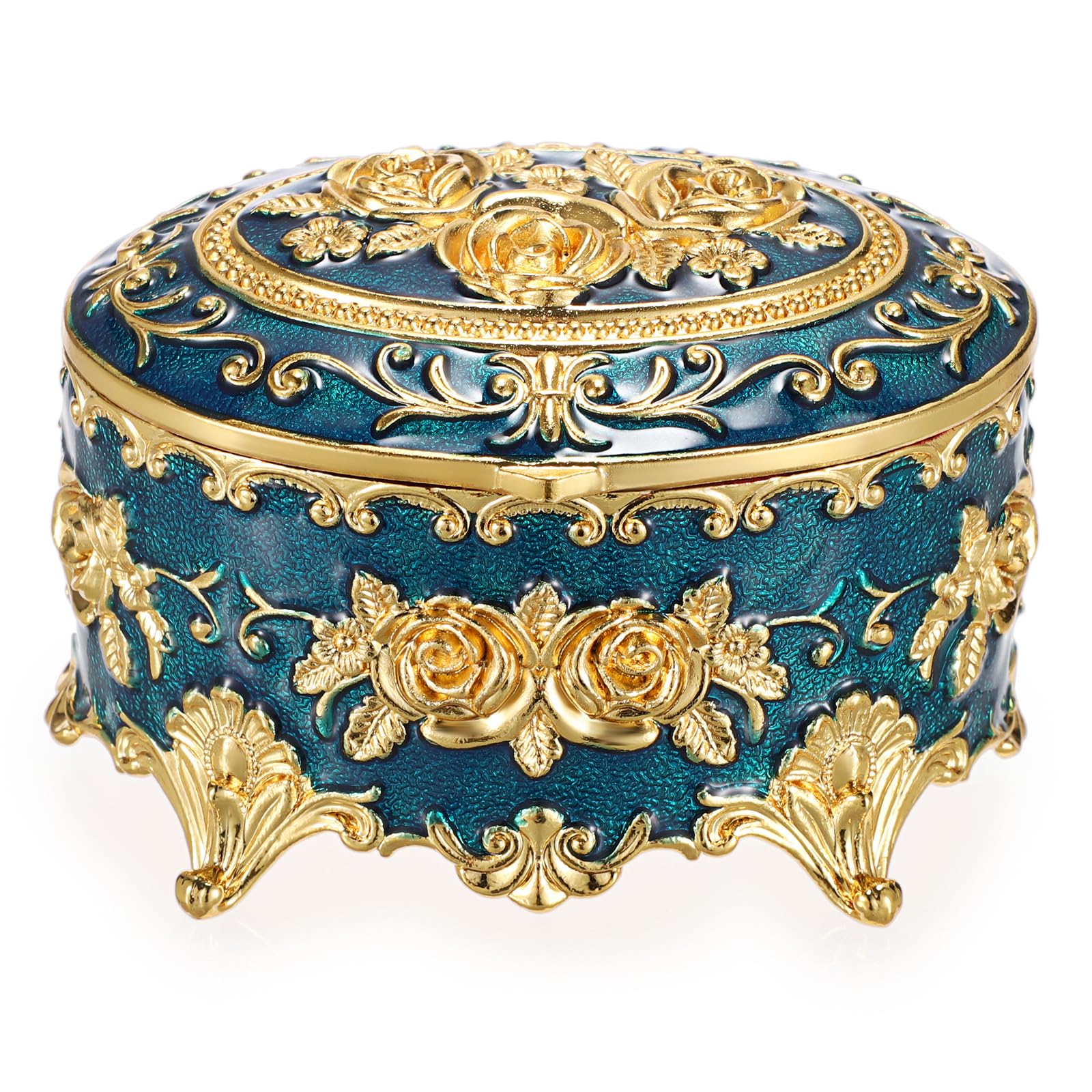 Vintage Metal Jewelry Box - Oval Trinket Organizer with Rose Pattern Jewelry Storage Box