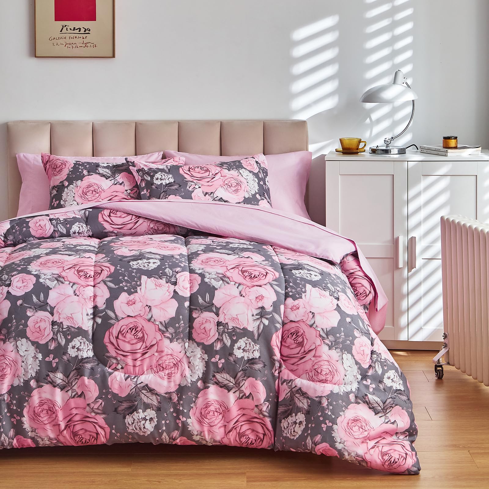 Flower Comforter Sheet Set White Bed in a Bag 7 Pieces Size, Pink Floral Microfiber Bedding Set (1 Comforter 2 Pillow Shams 1 Flat Sheet 1 Fitted Sheet 2 Pillowcases)