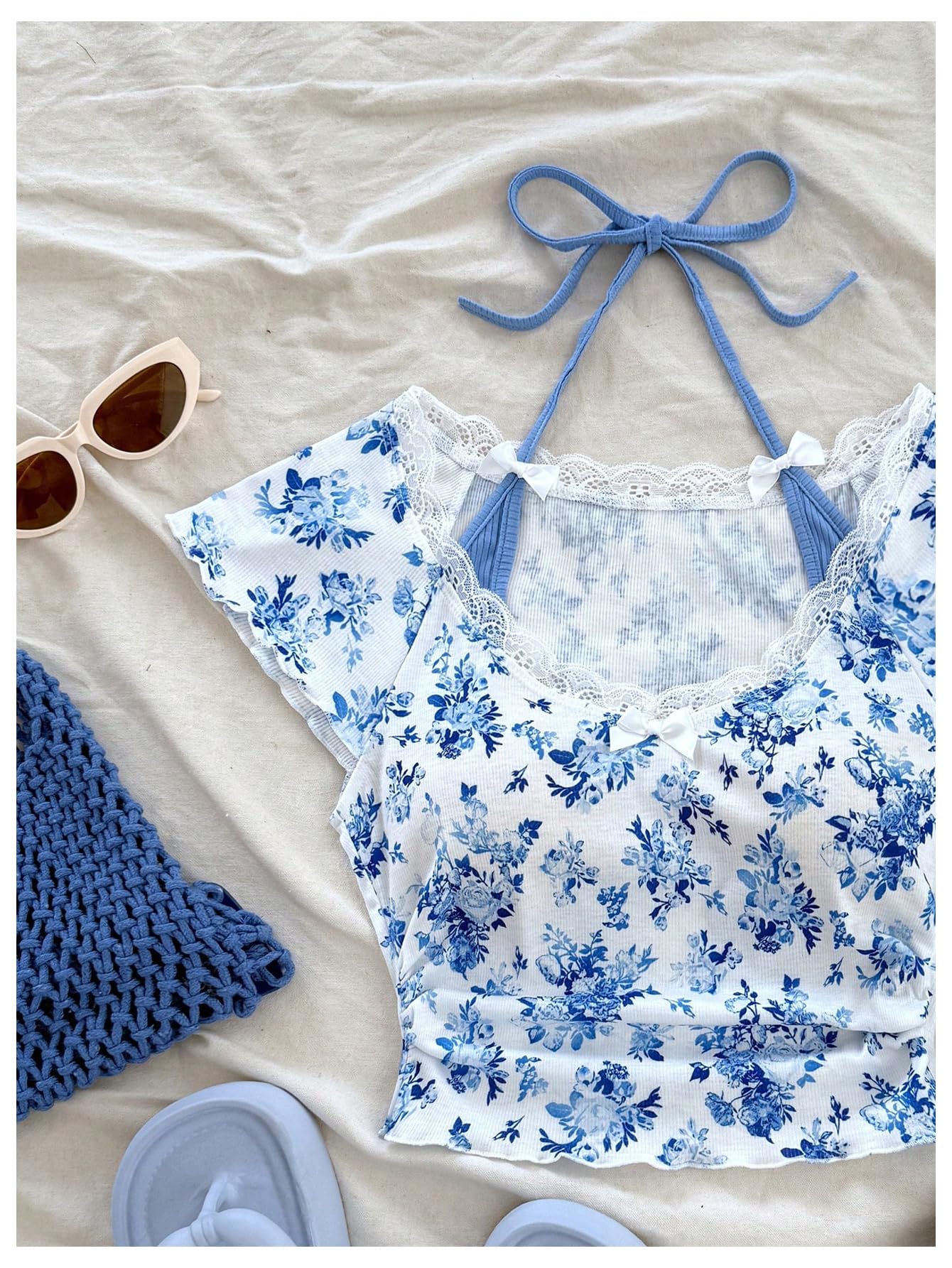 Women's Contrast Lace Halter Neck Lettuce Trim Casual Crop Tee Tops