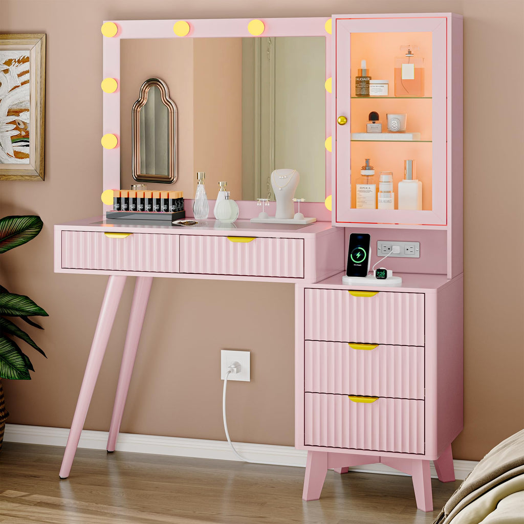 Fluted Vanity Desk with Mirror and Lights, 45" Glass Top Makeup Table Set with 5 Drawers, Power Outlet & Storage Cabinet, Large Dressing Table with RGB Ambient Light