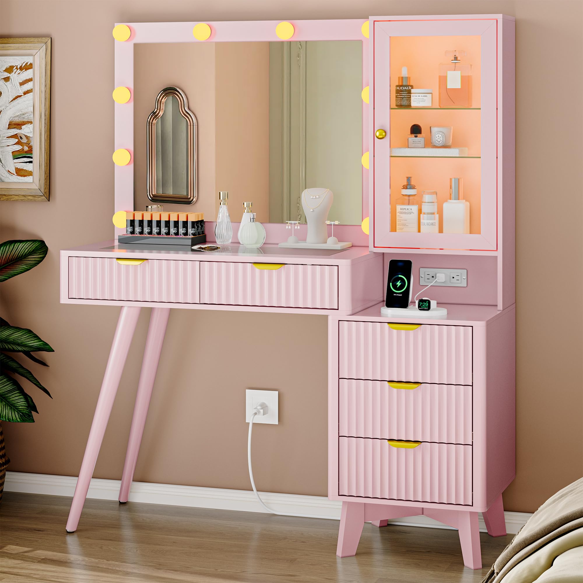 Fluted Vanity Desk with Mirror and Lights, 45" Glass Top Makeup Table Set with 5 Drawers, Power Outlet & Storage Cabinet, Large Dressing Table with RGB Ambient Light