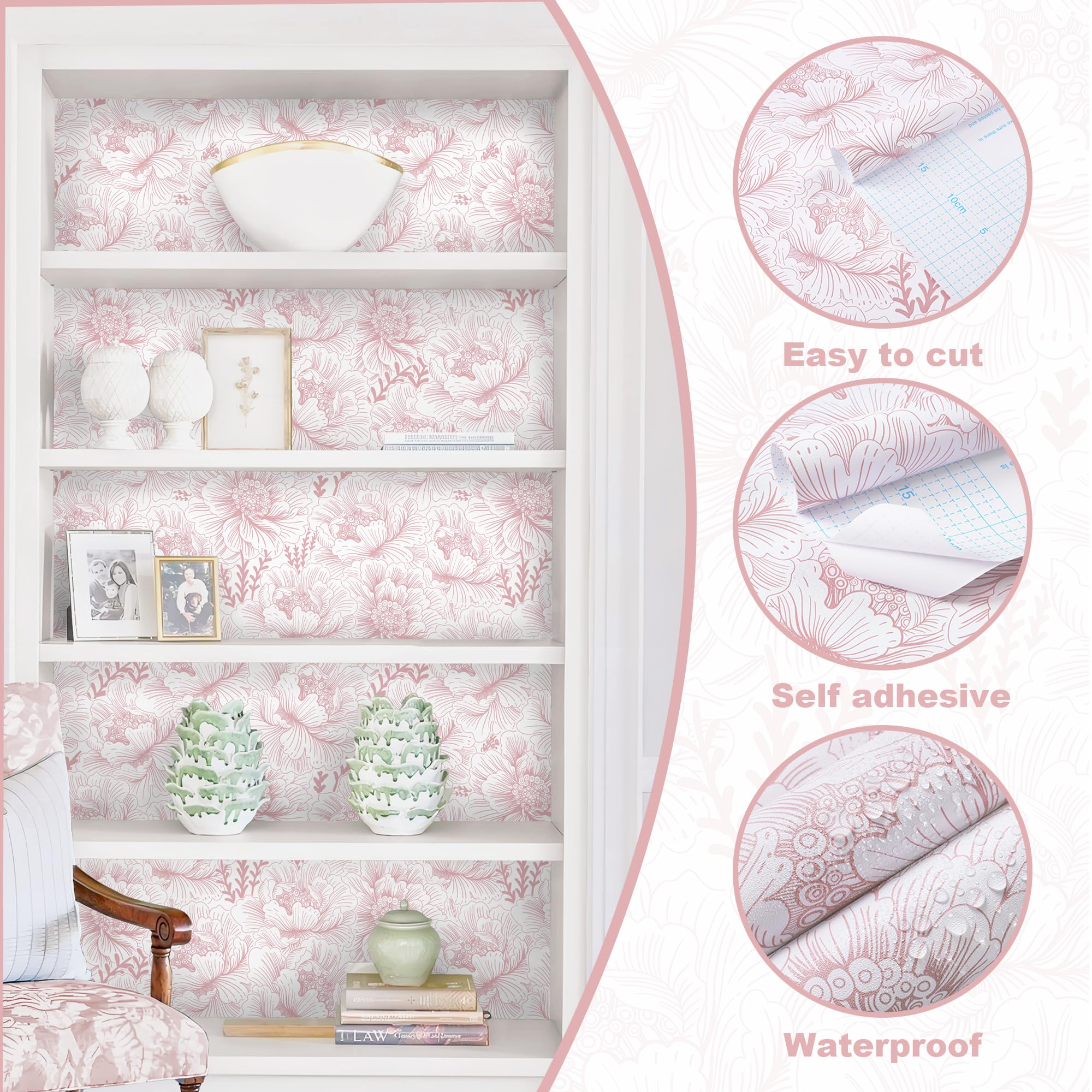 Floral Peel and Stick Wallpaper Boho Contact Paper Pink and White Self Adhesive Removable Wallpaper
