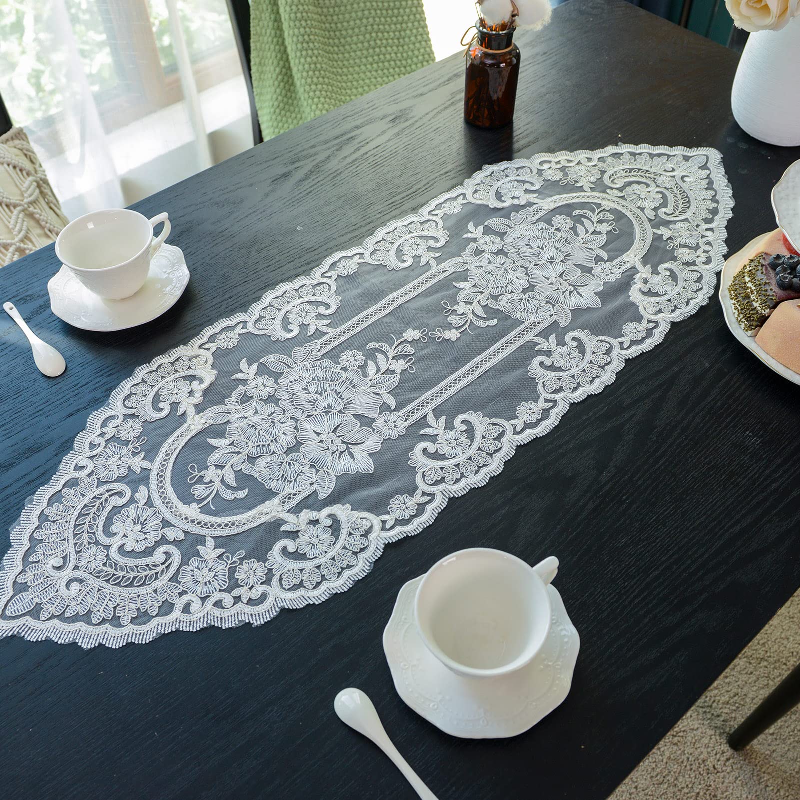 Lace Table Runner Macrame Vintage Flower Dresser Scarf with Exquisite Embroidery Table Runners