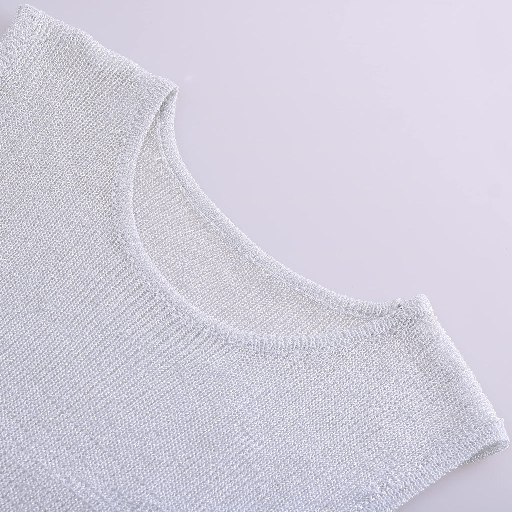 Women Sexy Fishnet Knit Glittering Crop Tank Top Sheer Mesh Sleeveless Crewneck Solid Slim Cropped Tops