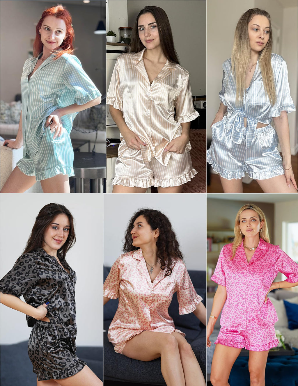 Womens Satin Pajamas Cute Ruffle Sleeve Printed Sleepwear Button Down Silk Pjs Set