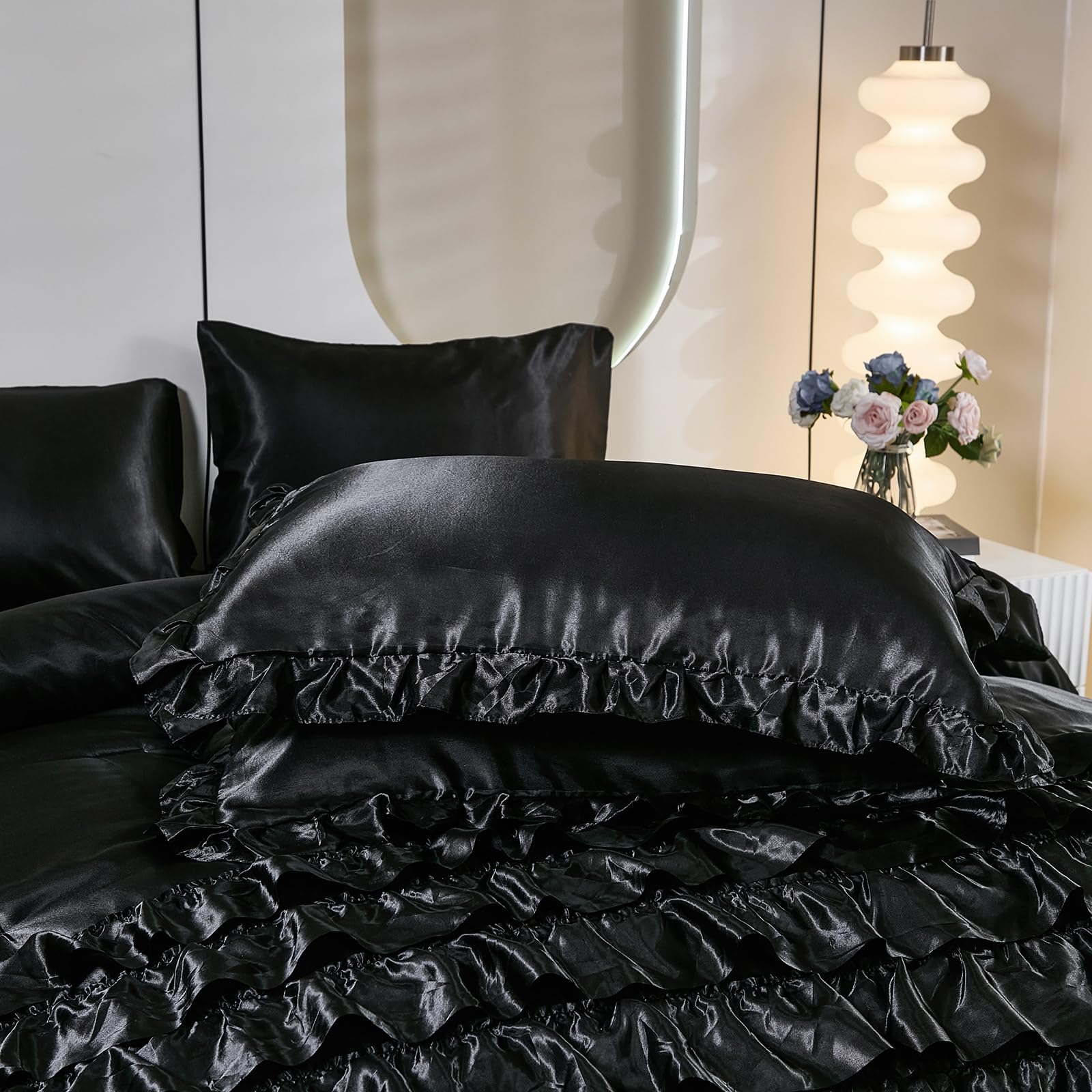 Ruffle Comforter Set 8 Pieces Satin Comforter Set with Sheet Set - Waterfall Ruffle Design Luxurious Silky Comforter Set