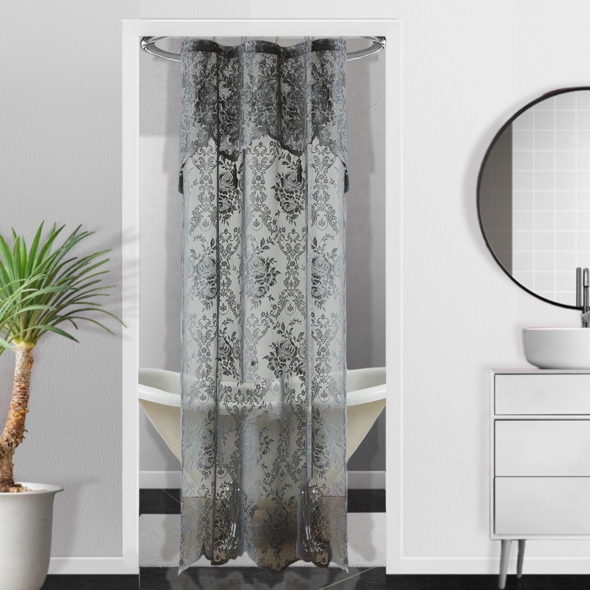 Luxury Lace Small Shower Curtain - Lace Shower Curtain with Attached Valance & Tassels