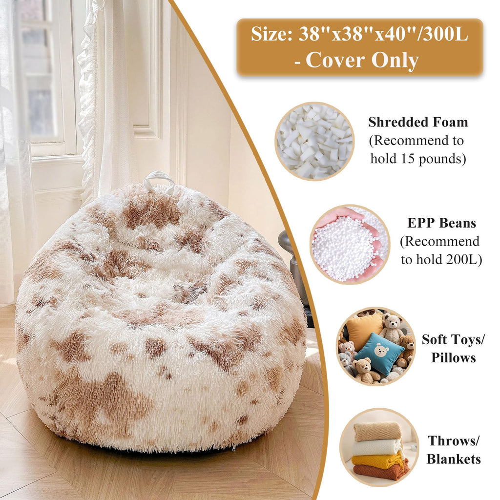 Faux Fur Leopard Print Bean Bag Chair Cover (No Filler), Fluffy Stuffed Animal Storage Cheetah Bean Bag Home Decor, Furry Fuzzy Big Beanbag Cover, Anti-Slip