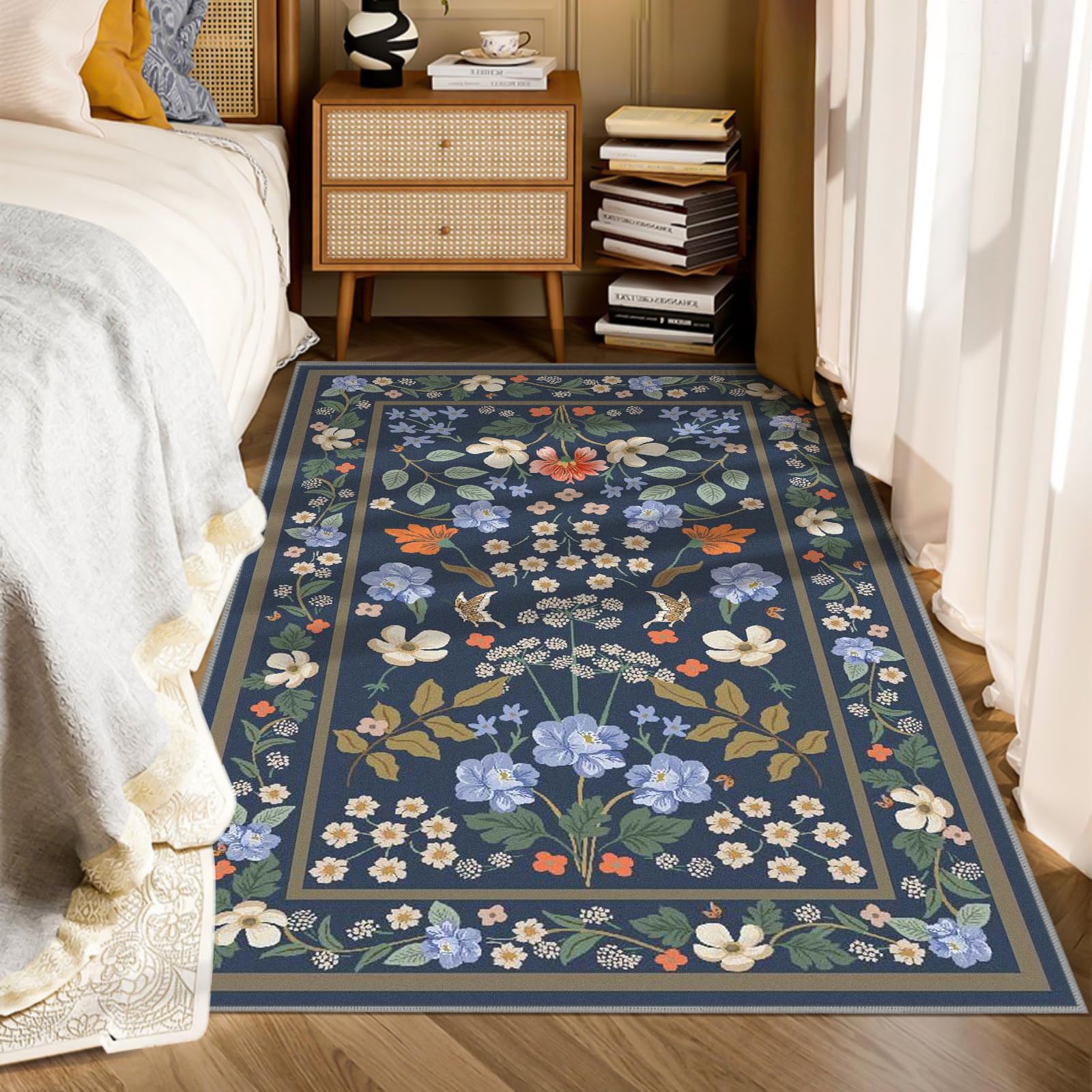 Washable Area Rug Non-Slip Area Rugs for Bedroom Soft Faux Wool Floral Rug with Rubber Backing Indoor Boho Area Rug