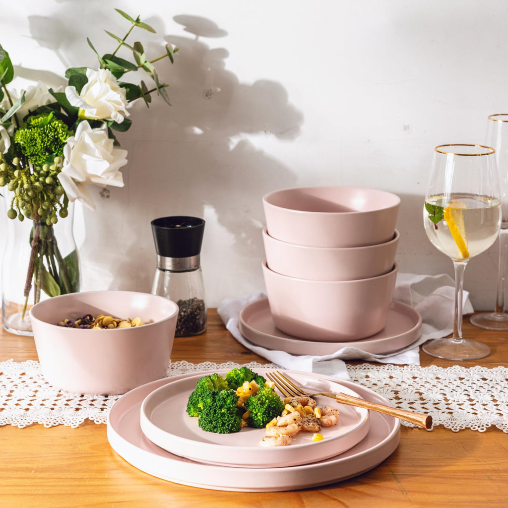 Ceramic Dinnerware Sets for 4, Modern Flat Stoneware Plates and Bowls Sets,Chip and Crack Resistant | Dishwasher & Microwave Safe Dishes Set, Scratch Resistant- Service for 4 (12pc)