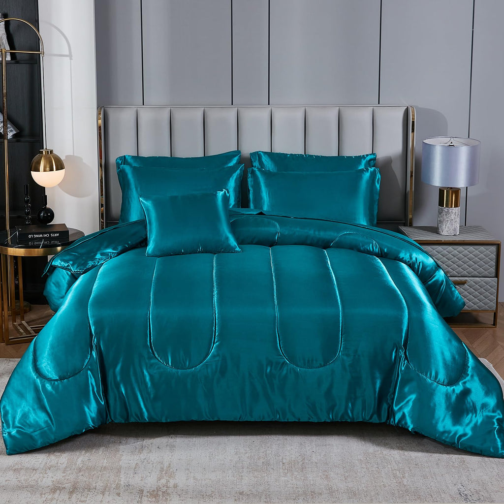 Satin Comforter Set with Sheet Set Full Silk Like Hot Pink Bed in a Bag Luxury Silky Bedding with 1 Comforter, 1 Flat Sheet, 1 Fitted Sheet, 4 Pillowcases, 1 Cushion Cover (Full, Hot Pink)