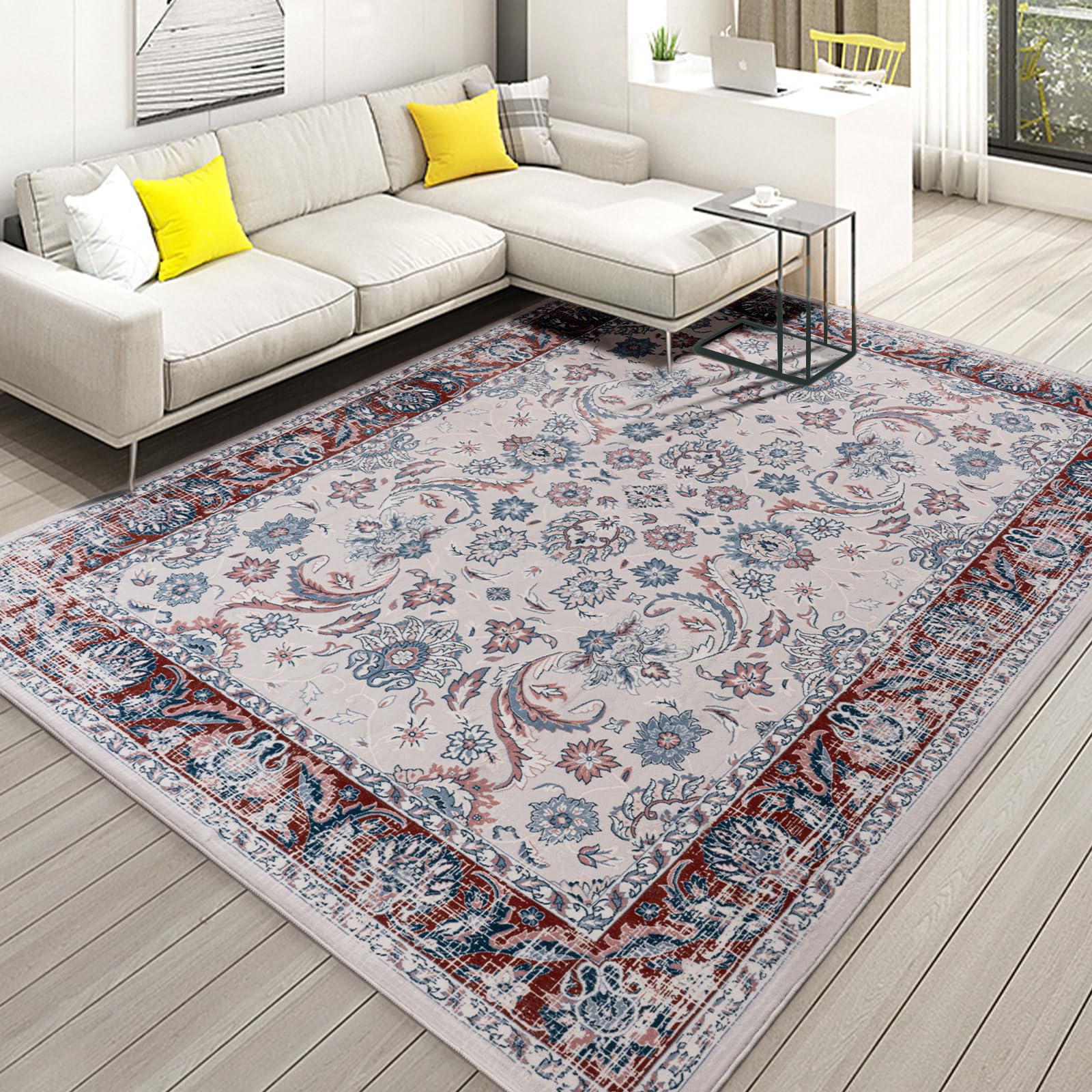 Washable Area Rugs Door Mat Entryway Vintage Floral Non-Slip Low Pile Entrance Thin Rug Carpet for Kitchen Bathroom Living Room Pink