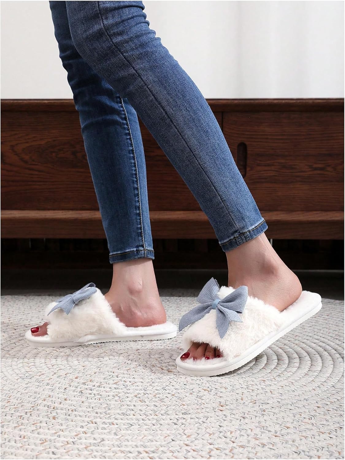 Women's Cute Bow Decor Fuzzy Open Toe Indoor Home Slippers Fashionable Warm Comfy Furry Outdoor Slippers