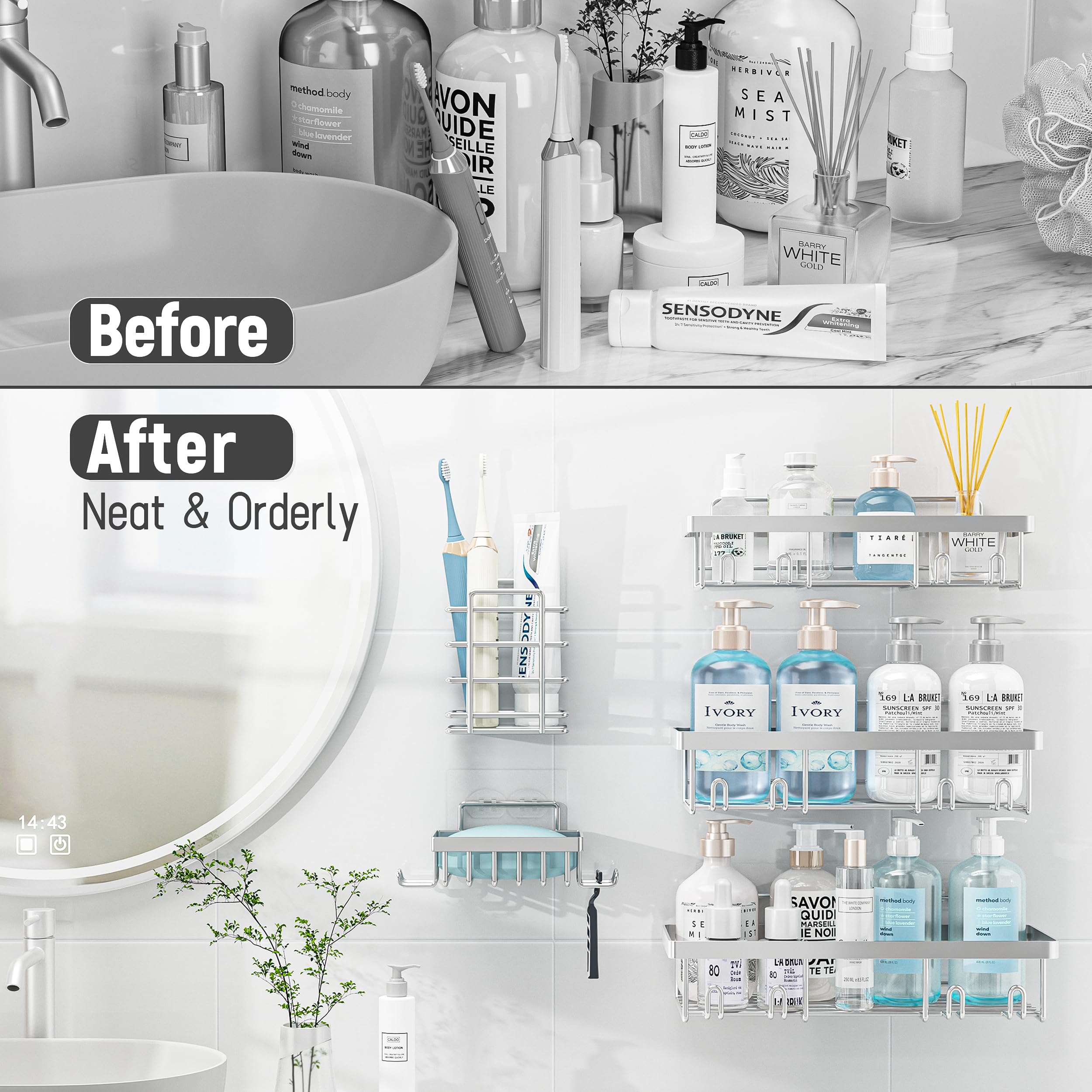 Shower Caddy Organizer Rack Shelf for Inside Shower, Adhesive Bathroom Wall Storage Basket Rustproof Stainless Steel