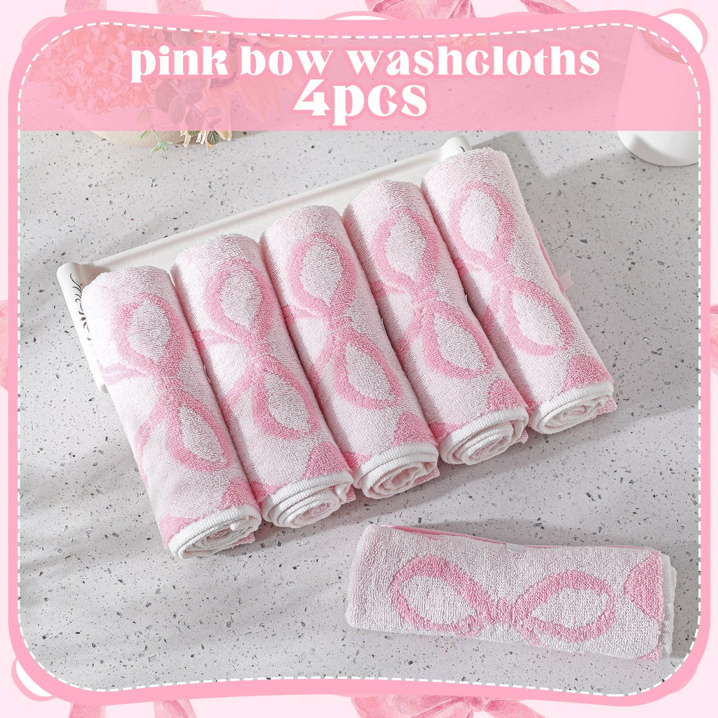 Coquette 6 Pcs Pink Bow Washcloths 100% Cotton Wash Cloths 13" x 13" Small Face Towels Absorbent Soft Preppy Wash Cloths & Hand Bath Towels for Bathroom