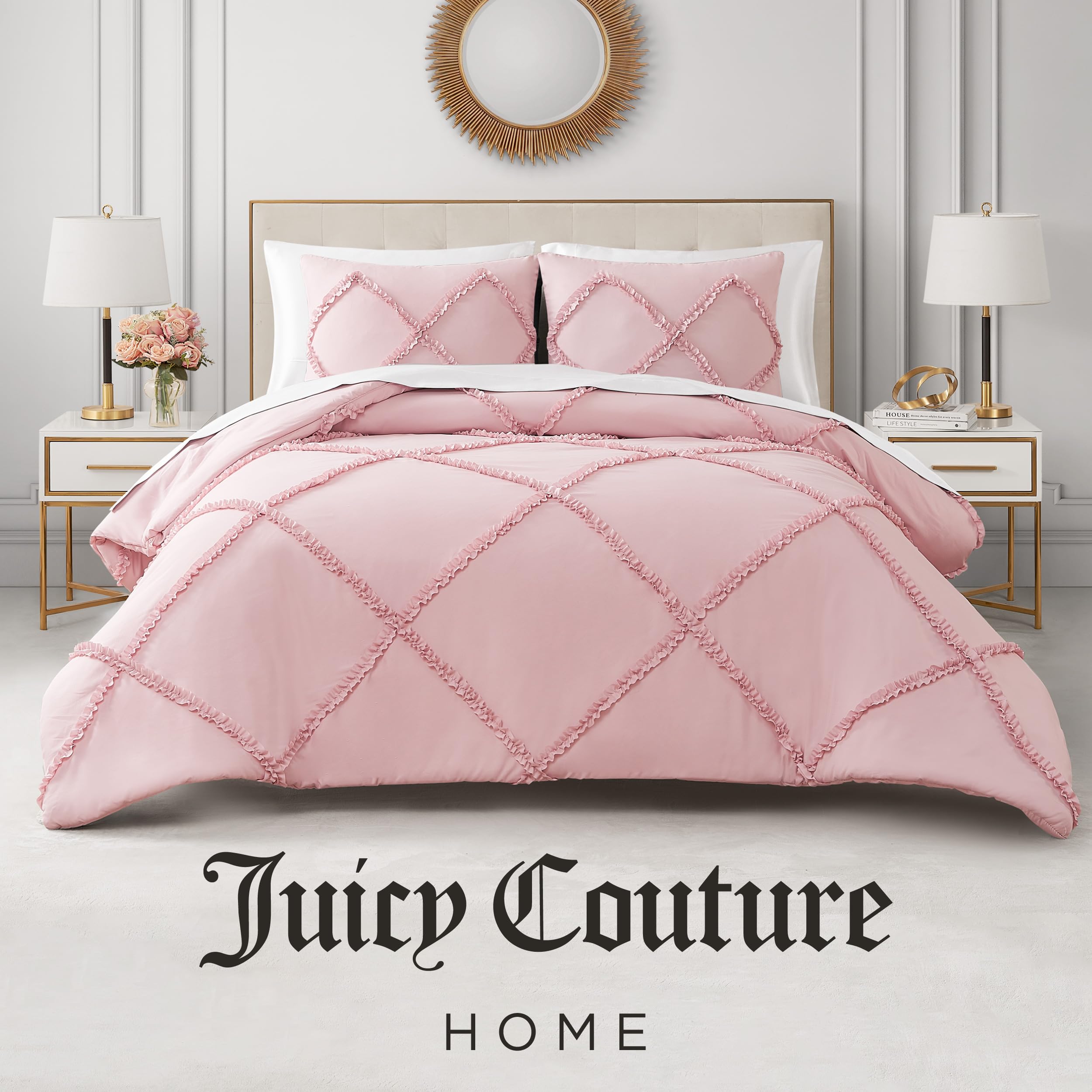 Juicy Couture Diamond Queen Comforter Set - Ruffle 3-Piece Machine Washable Reversible Bedding Comforter Set