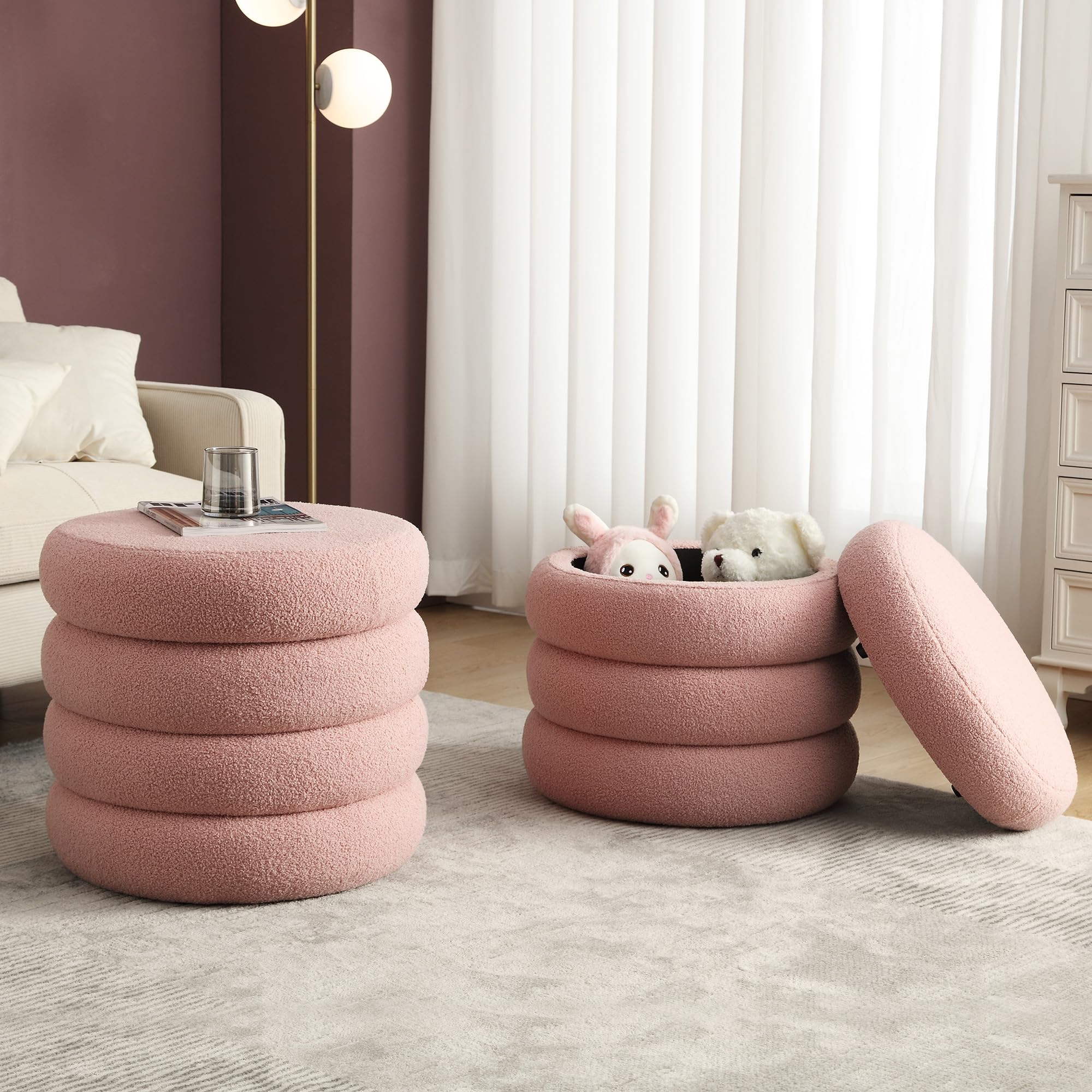 Storage Ottoman Round, Ottoman with Storage, Sherpa Ottoman Storage, (18 Inches x 16 Inches) Set of 2