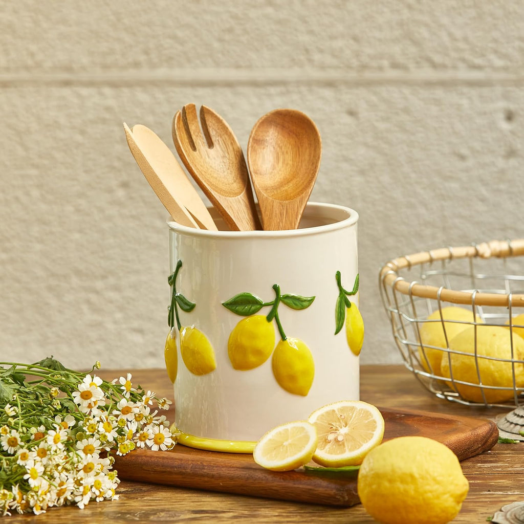 Lemon Handpainted Stoneware 6 inch Utensil Holder Cooking Utensil