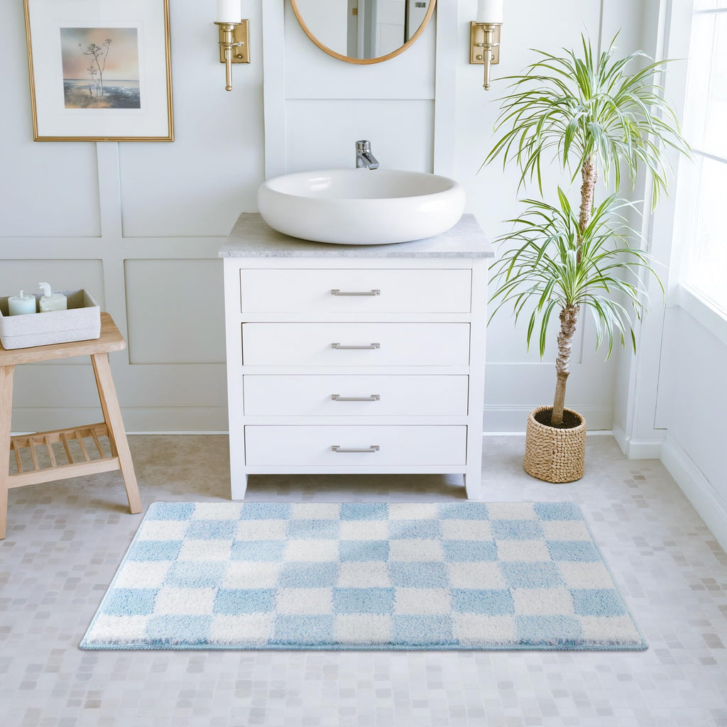 Checkered Bathroom Rugs, Fluffy Rug, Absorbent Microfiber Ultra Soft Bath Mat Washable, Non-Slip Bath Mats for Bathroom, Cute Floor Mat