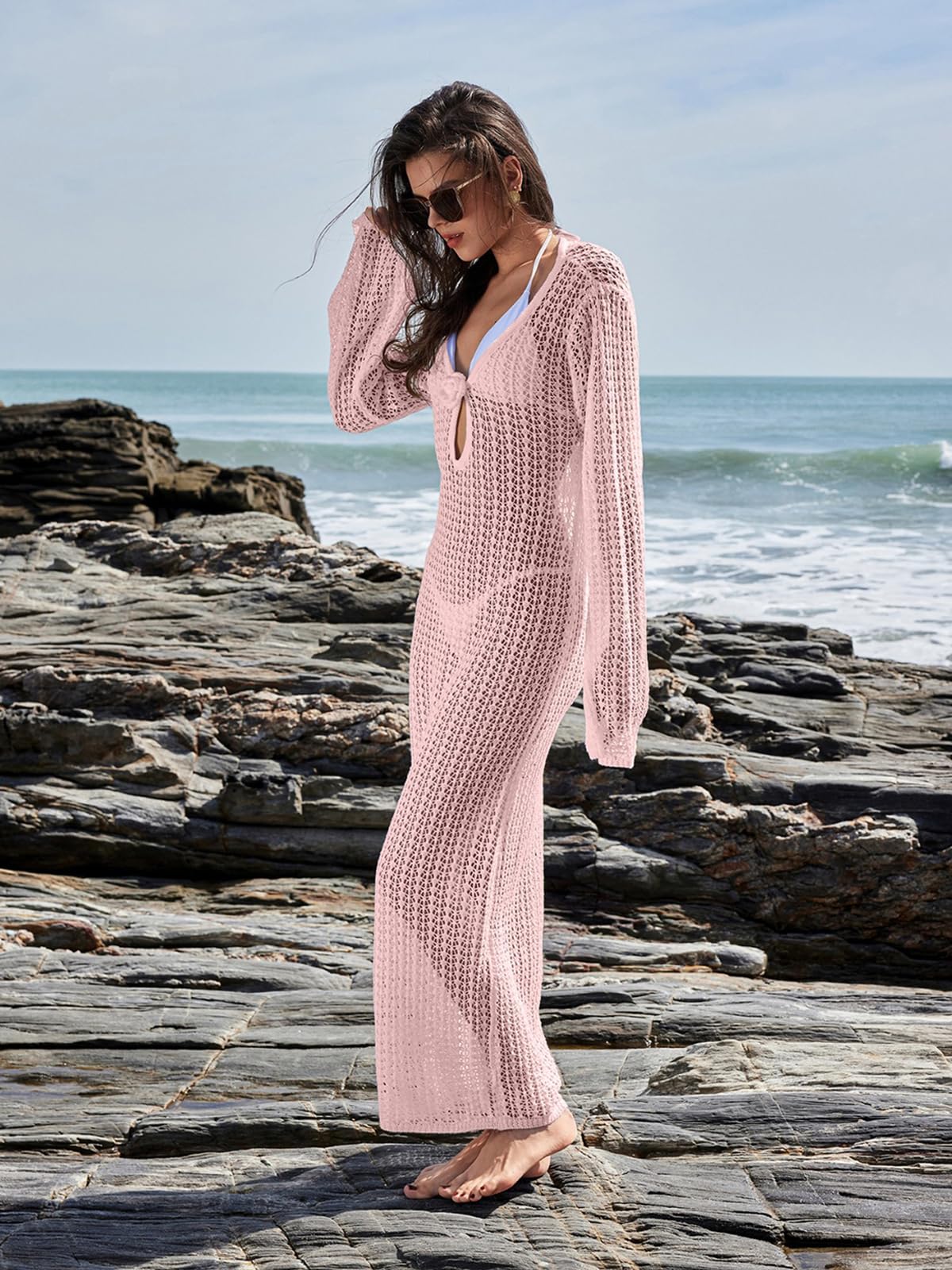 Women's Knitted Swimsuit Cover Up 3D Floral Hollow Out Open Back Tie-Up Maxi Dress Beachwear Coverup Dresses