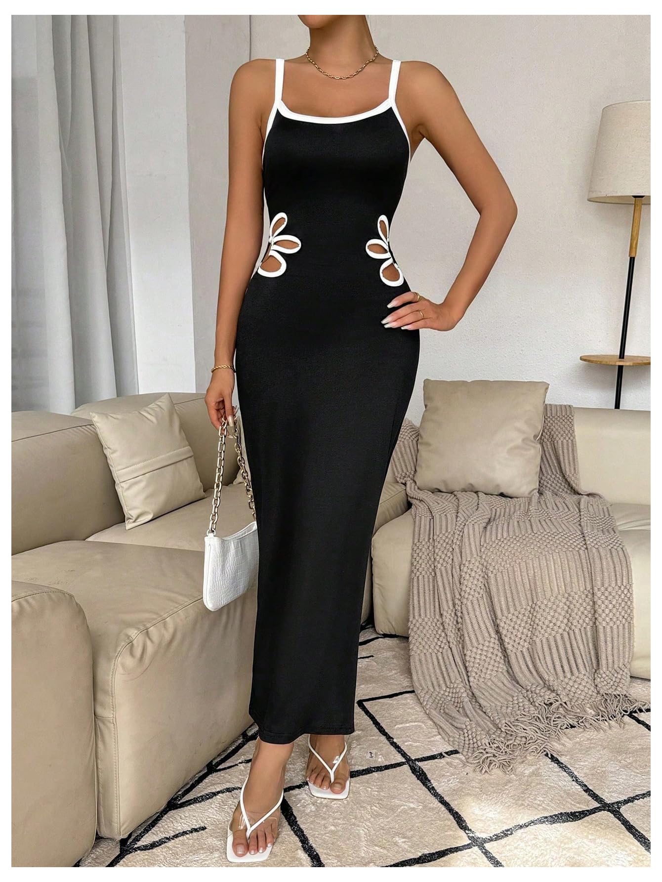 Women's Floral Cut Out Bodycon Maxi Dress Split Backless Sleeveless Cami Dress