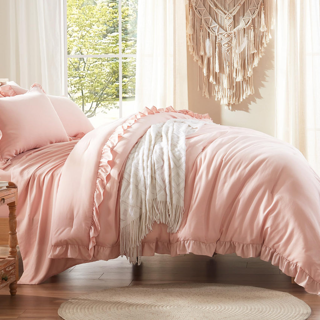 Comforter Set 7 Piece, Bed in a Bag with Sheets, All Season Ruffle Shabby Chic Bedding Sets with 1 Comforter, 2 Pillow Shams, 2 Pillowcases, 1 Flat Sheet, 1 Fitted Sheet