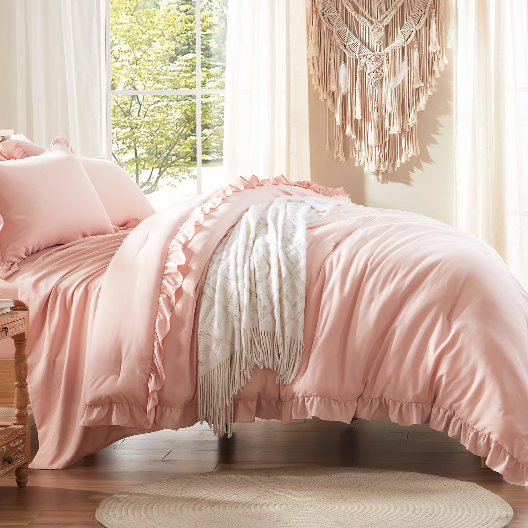 Comforter Set 7 Piece, Bed in a Bag with Sheets, All Season Ruffle Shabby Chic Bedding Sets with 1 Comforter, 2 Pillow Shams, 2 Pillowcases, 1 Flat Sheet, 1 Fitted Sheet