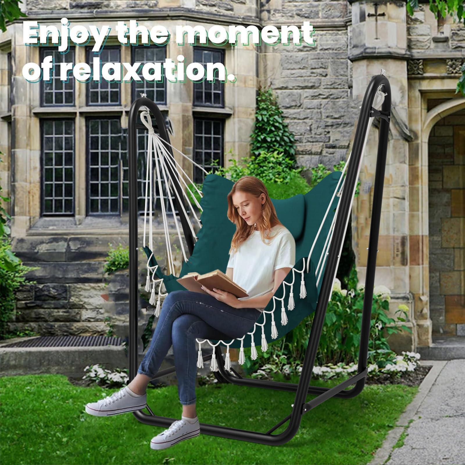 Hammock Chair with Stand,Heavy-Duty Hanging Chair with Stand for Indoor Outdoor, Sturdy Swing Chair Stand Max Load 350 pounds (Hammock Chair Included)