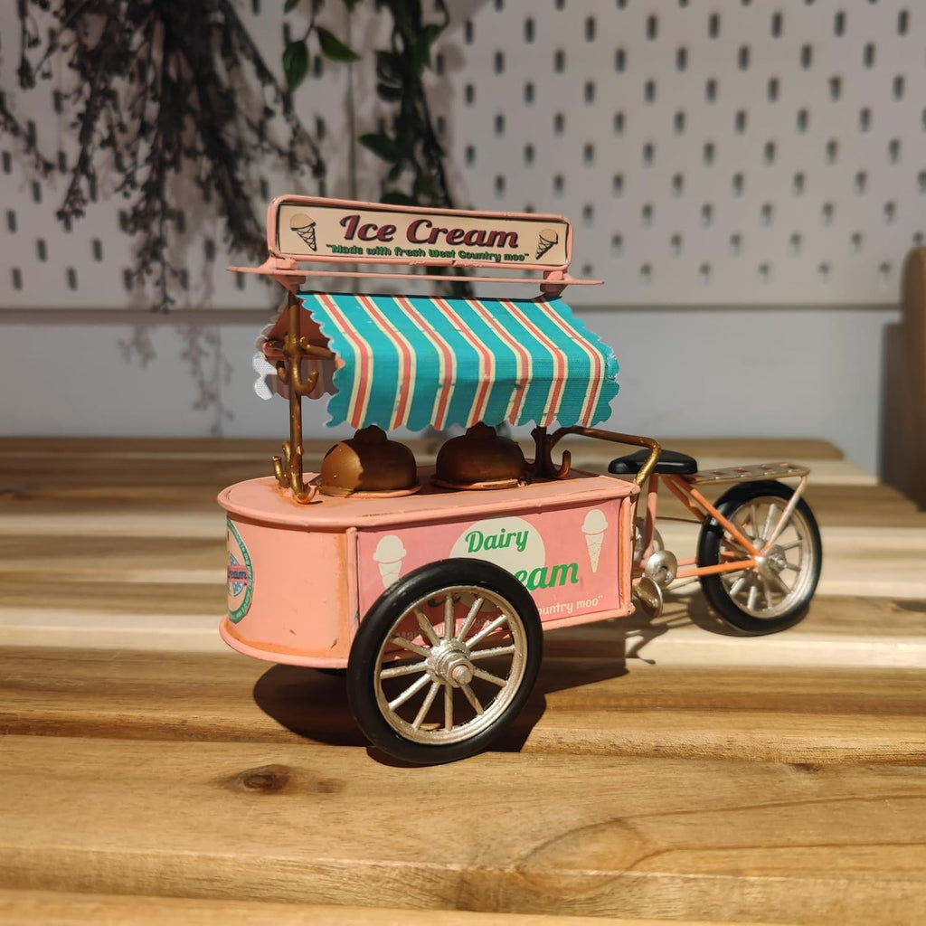 Pink Miniature Ice-Cream Tricycle Bike Model Ice Cream Cart Handmade Retro Home Decoration