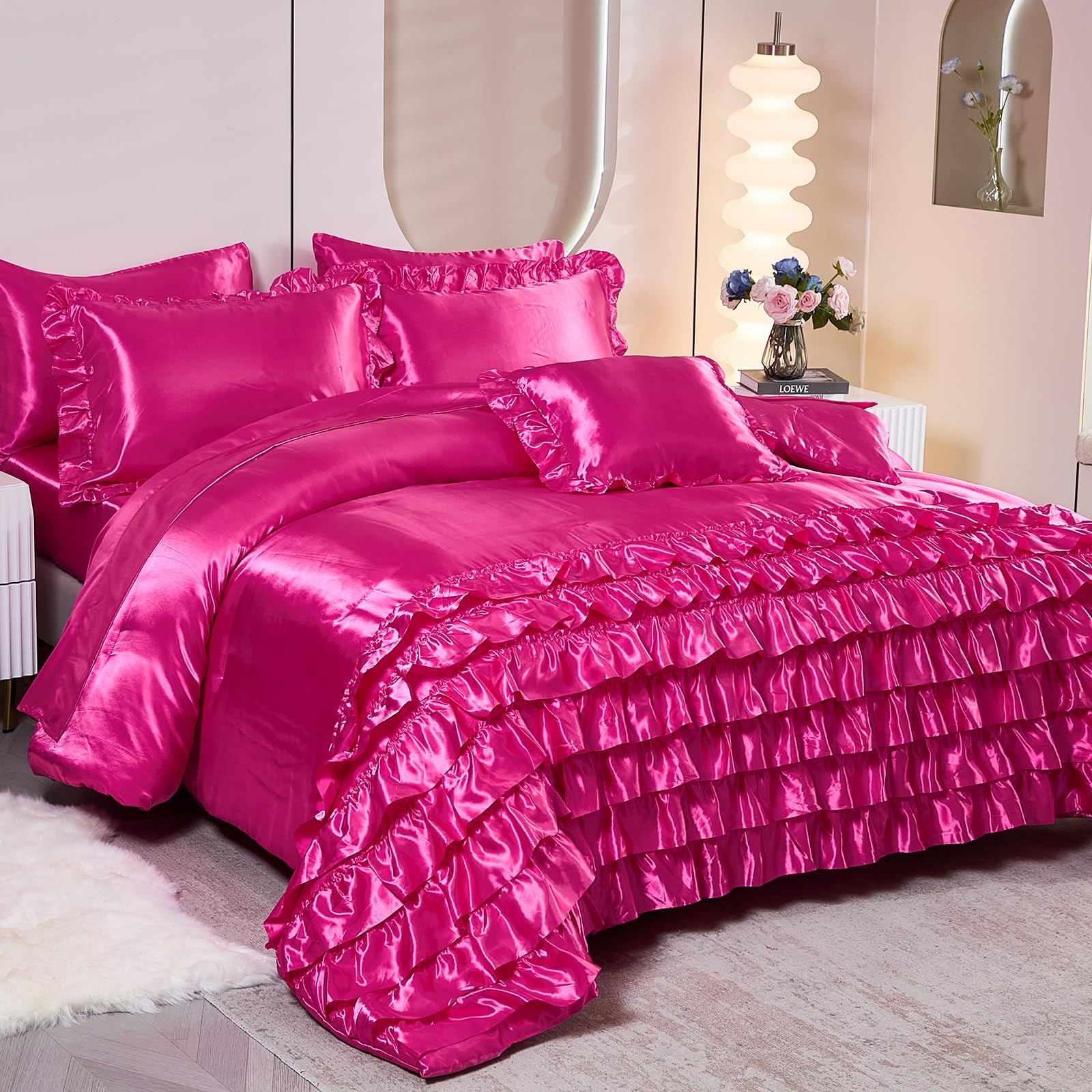 Ruffle Comforter Set 8 Pieces Satin Comforter Set with Sheet Set - Waterfall Ruffle Design Luxurious Silky Comforter Set