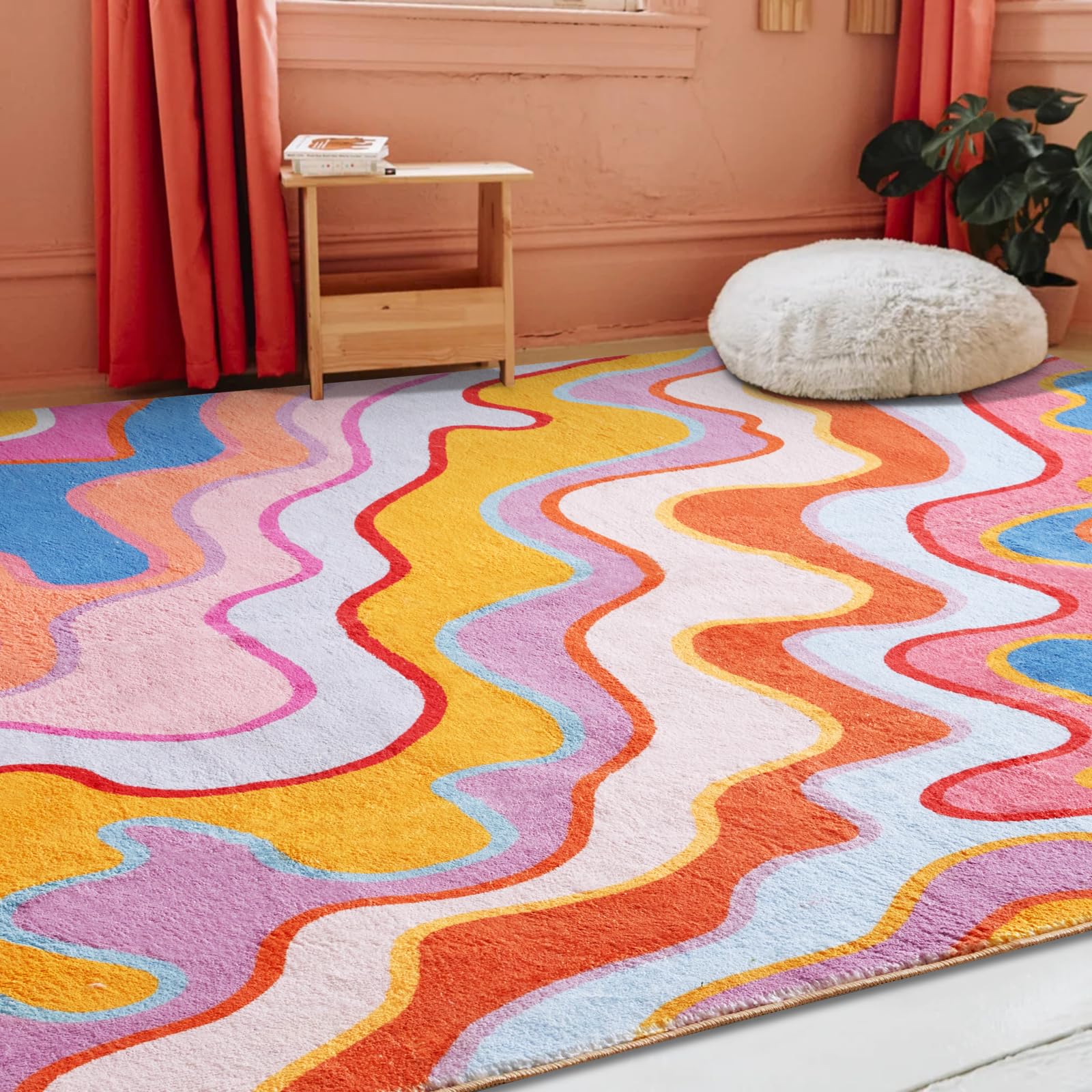 Vintage Abstract Small Area Rug Hippie Aesthetic Groovy Striped Cute Bathroom Rug Non-Slip Colorful Orange and Blush Washable Throw Rug for Kitchen Entryway Indoor Doormat