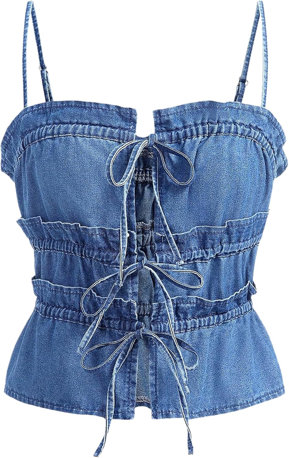 Women's Denim Tops Bow Tie Front Spaghetti Strap Camisole Tiered Ruffle Frill Trim Y2k Tank