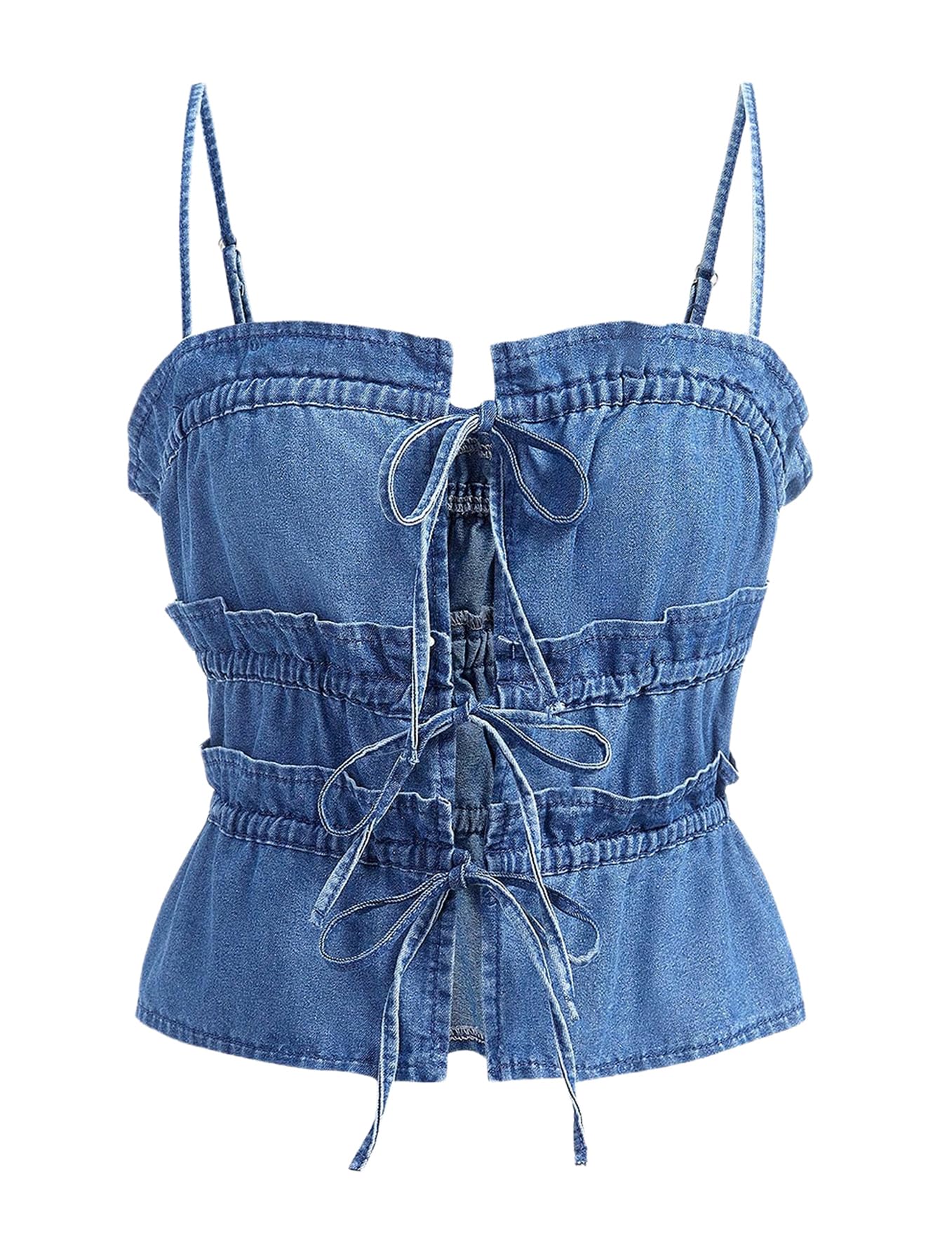 Women's Denim Tops Bow Tie Front Spaghetti Strap Camisole Tiered Ruffle Frill Trim Y2k Tank