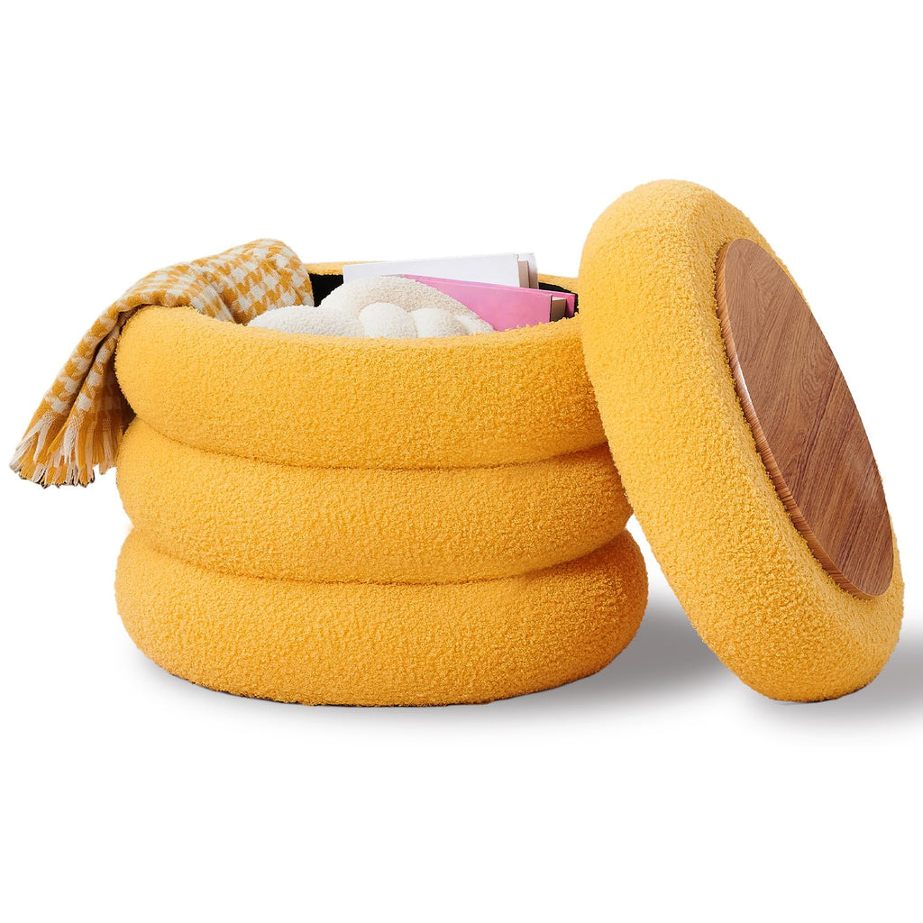 Round Storage Ottoman, Modern Sherpa Footstool with Flip-Top