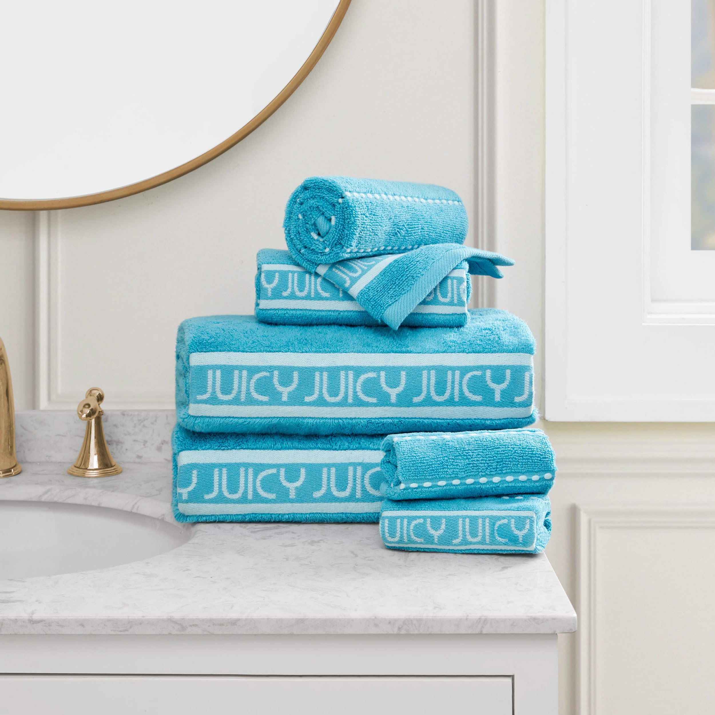Juicy Couture Luxurious Plush Stripe 6-Piece Set - 100% Cotton Bath Towel Set - Soft and Stylish Towel Set for Ultimate Comfort and Elegance
