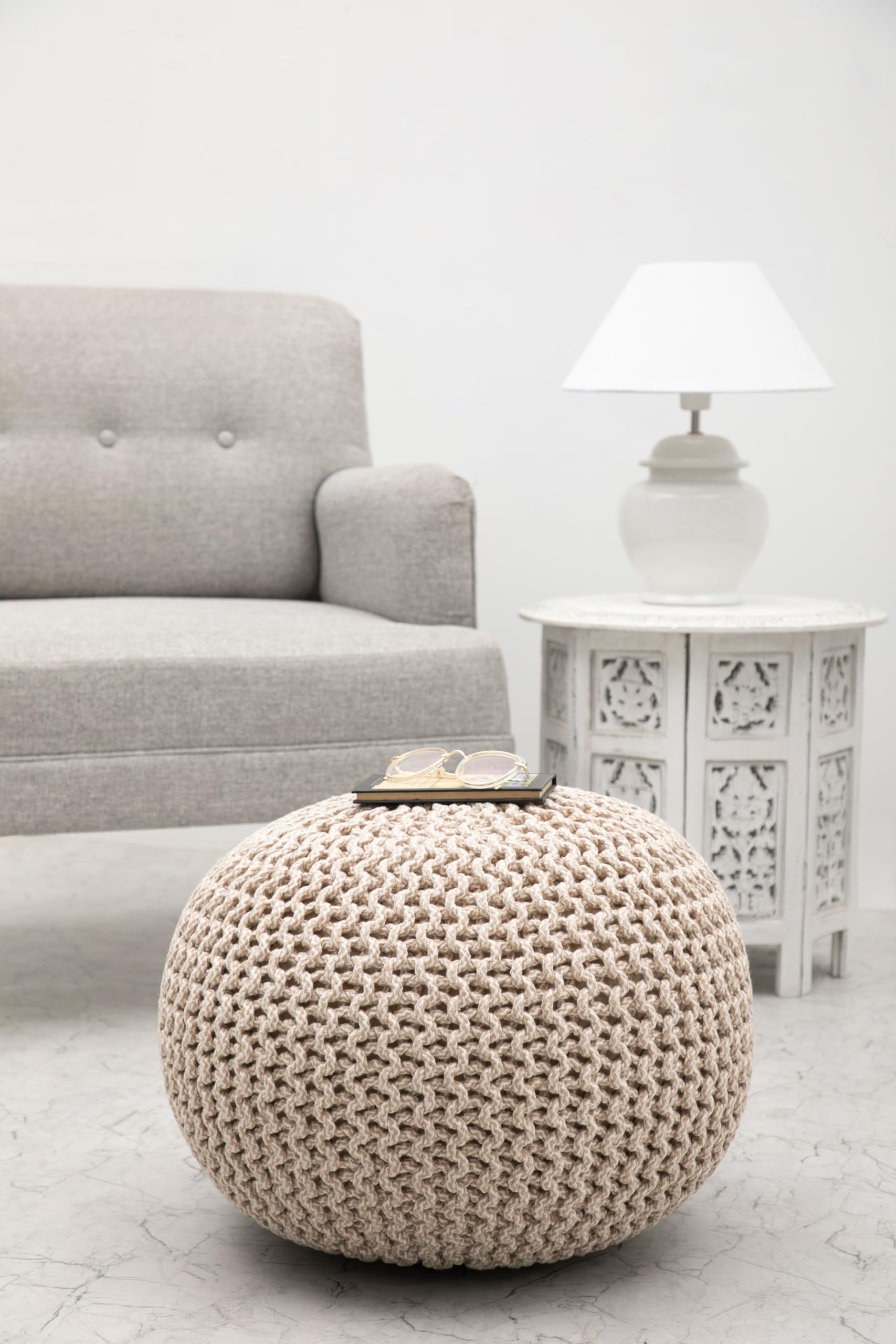 Hand-Knitted Cotton Round Pouf â€?Braid Cord Ottoman, Footrest, and Accent Seat for Living Room, Nursery, Kids Room, or Dorm Décor â€?20x14