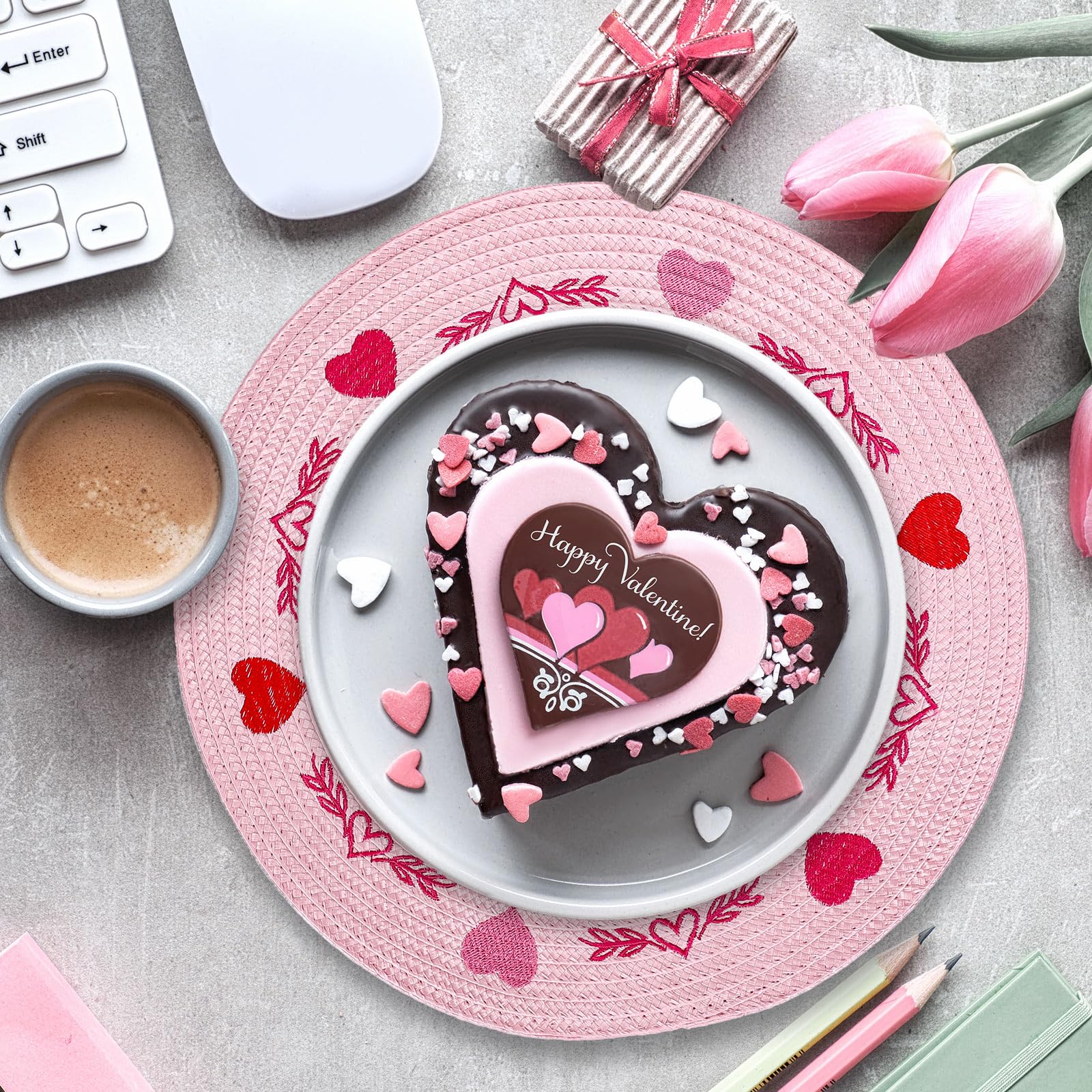 Whaline 4Pcs Round Placemats Pink Bow Embroidered Place Mats Coquette Bow Dinner Table Mats for Home Wedding Baby Shower Birthday Party Decor