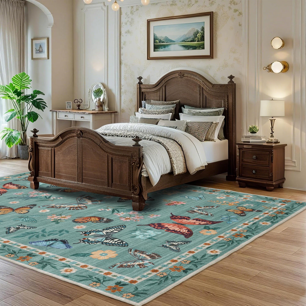 Insect Floral Area Rug, Machine Washable Area Rug Non-Slip Low Pile Large Bedroom Rug Stain Resistant Throw Rug Carpet