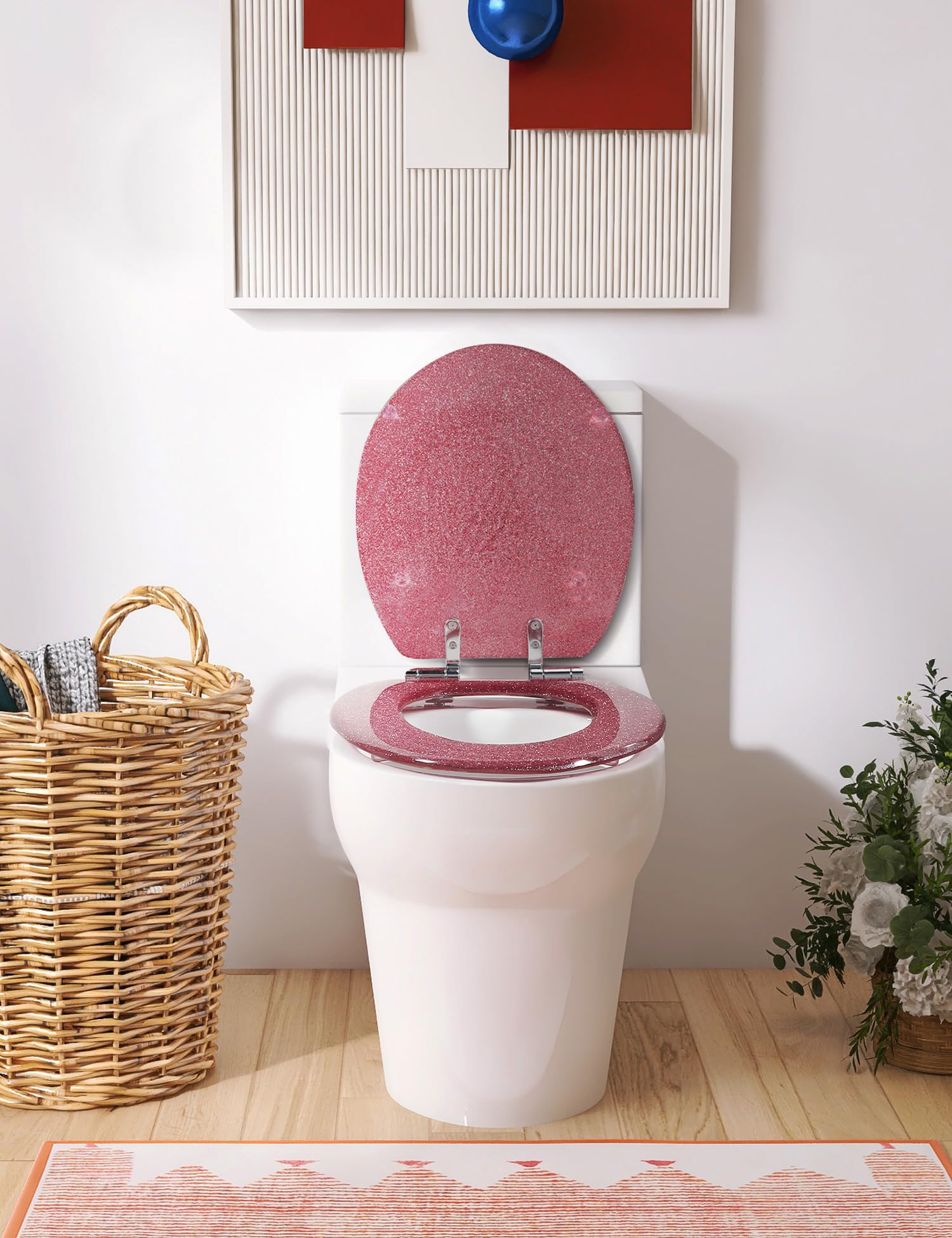 Round Resin Toilet Seat Glitter Soft Close Quick Release Metal Zinc Alloy Hinge Easy to Install also Easy to Clean, Decorative Acrylic Seats (17 Inch)