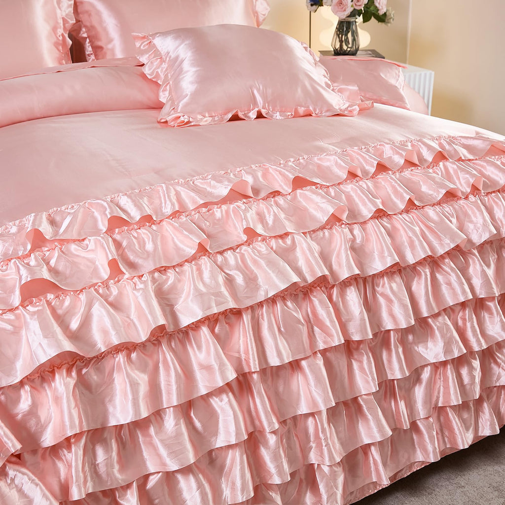Ruffle Comforter Set 8 Pieces Satin Comforter Set with Sheet Set - Waterfall Ruffle Design Luxurious Silky Comforter Set
