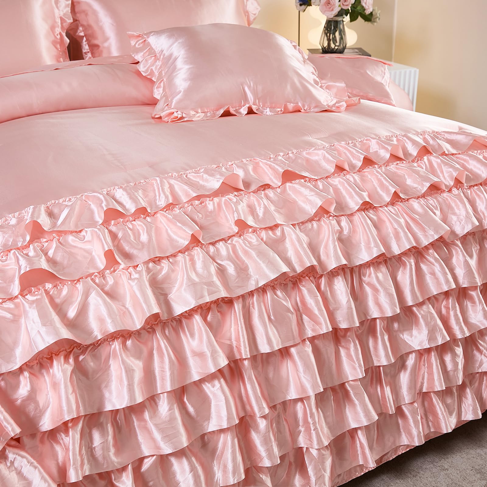 Ruffle Comforter Set 8 Pieces Satin Comforter Set with Sheet Set - Waterfall Ruffle Design Luxurious Silky Comforter Set